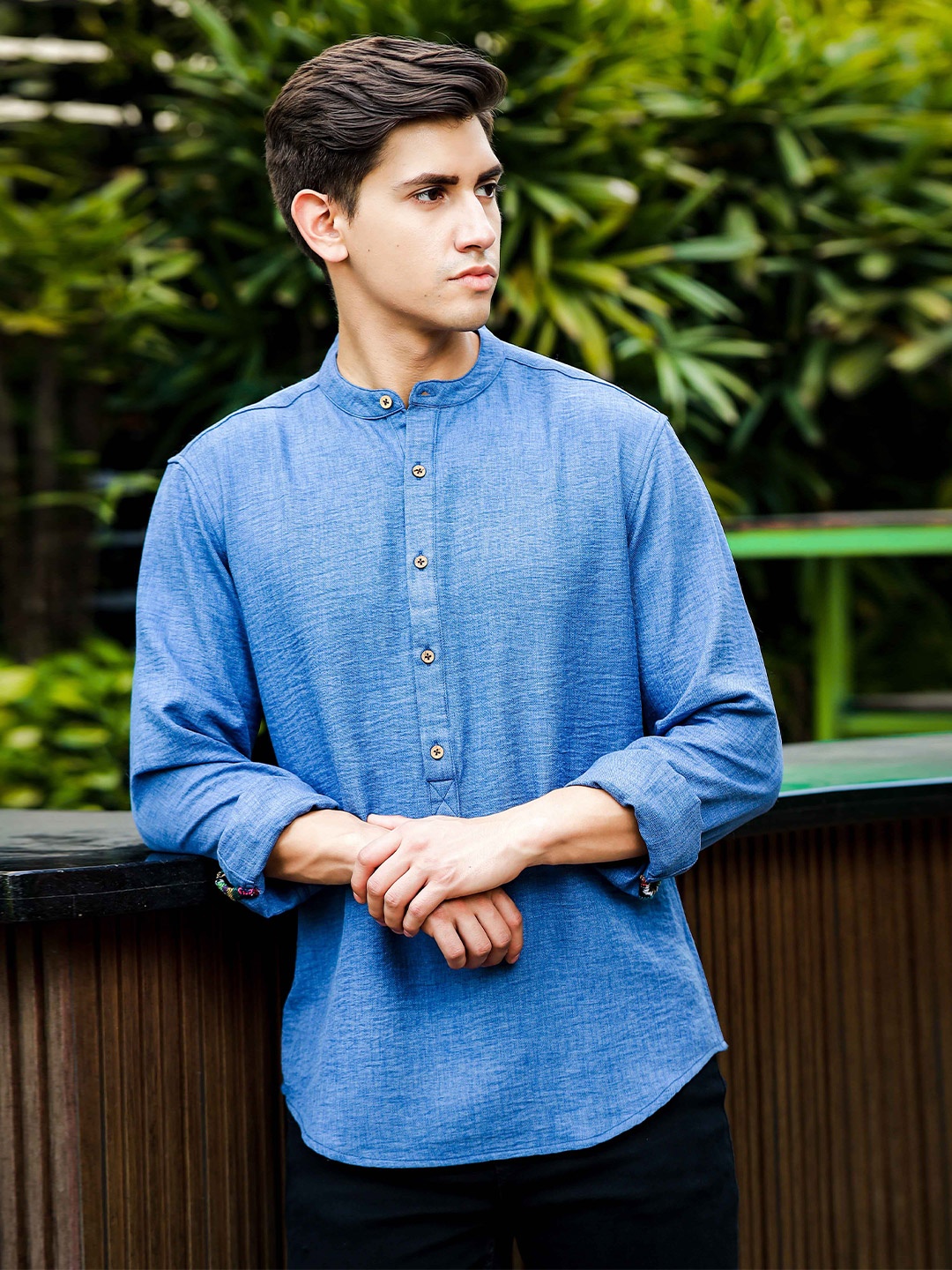 

HERE&NOW Band Collar Long Sleeves Short Kurta, Blue