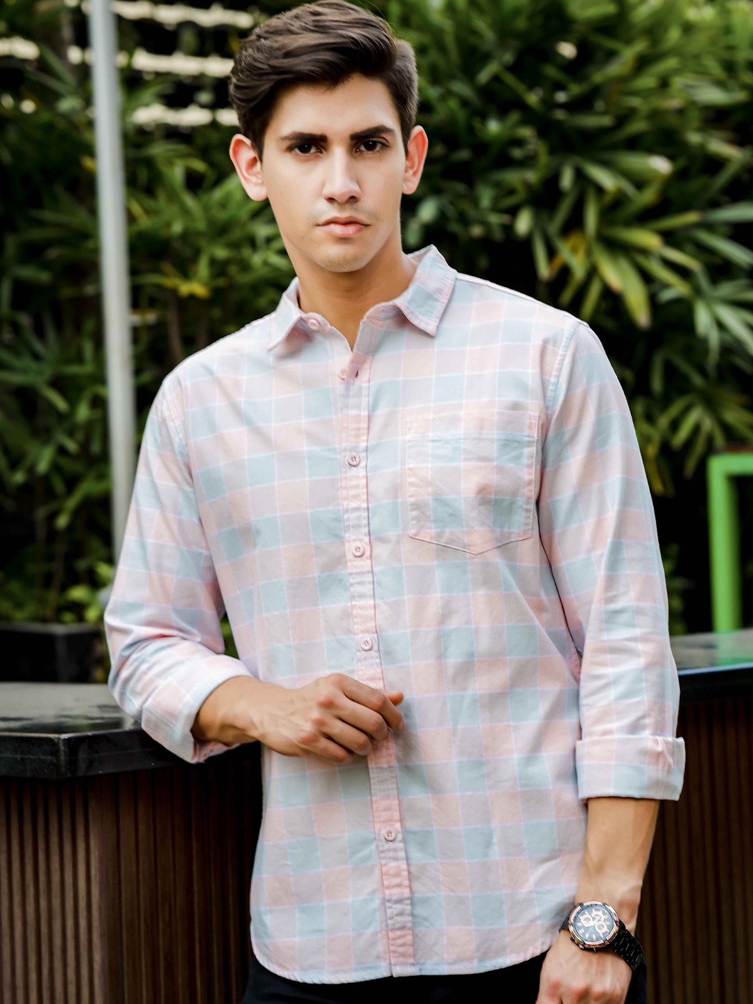 

HERE&NOW Blue & Pink Slim Fit Buffalo Checked Cotton Casual Shirt