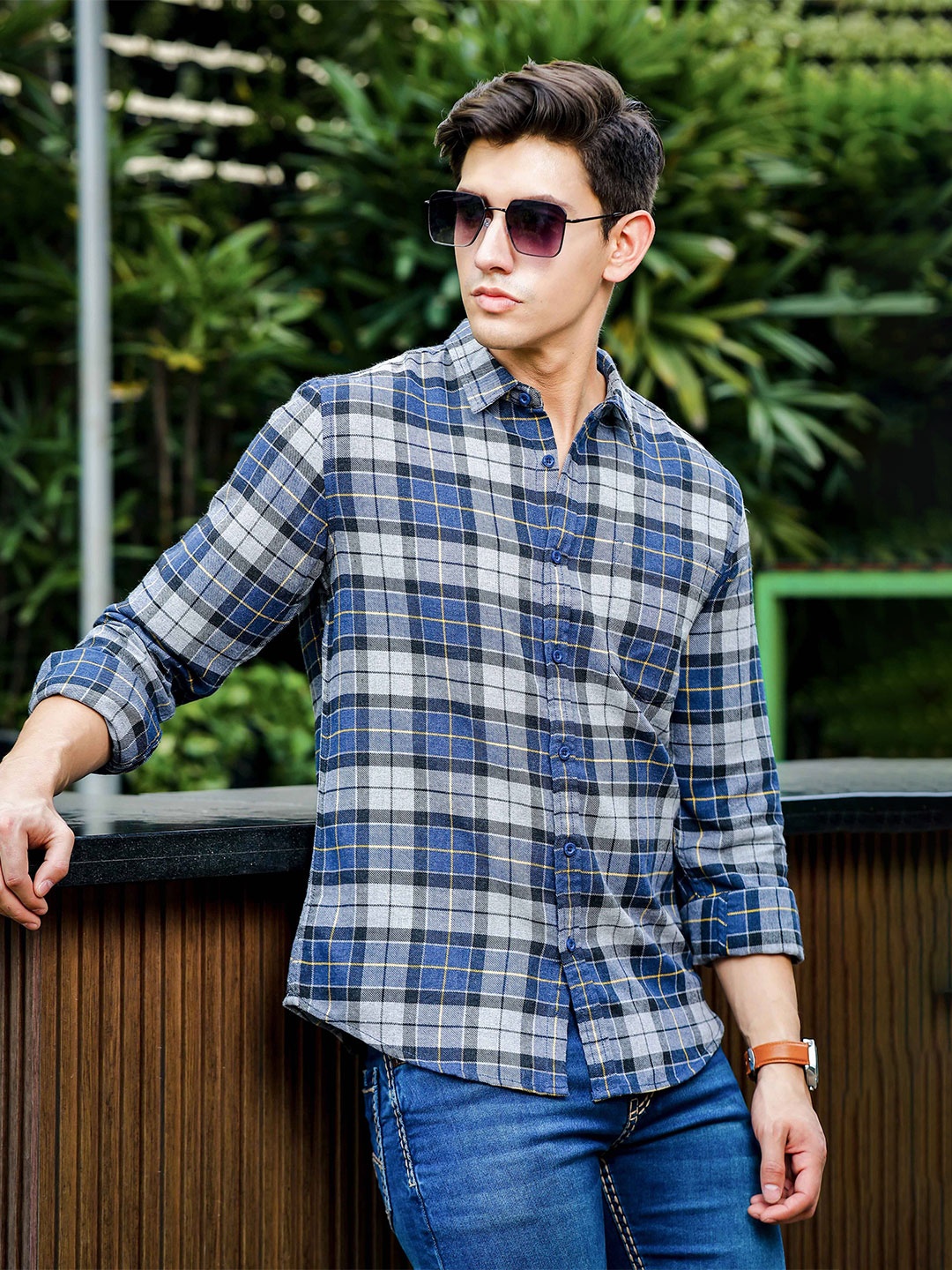 

HERE&NOW Blue Slim Fit Tartan Checked Cotton Casual Shirt