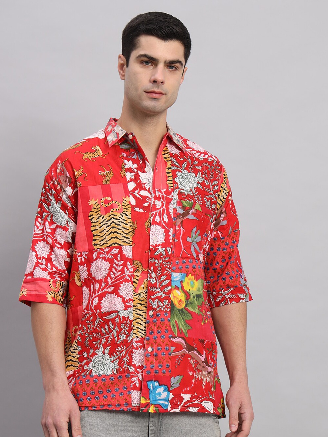 

HANDICRAFT PALACE Comfort Floral Printed Pure Cotton Oversized Shirt, Red