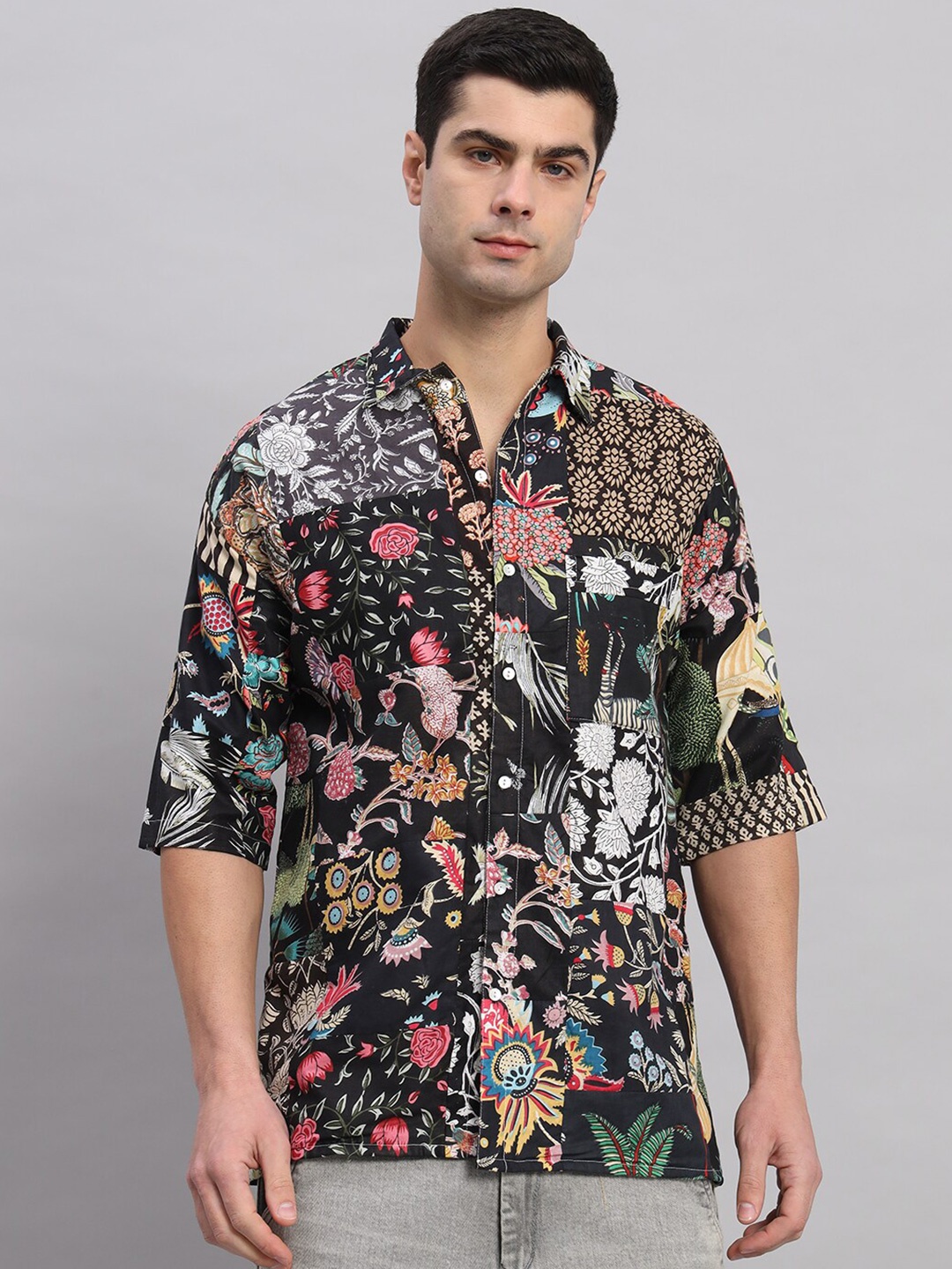 

HANDICRAFT PALACE Comfort Floral Printed Pure Cotton Oversized Shirt, Black