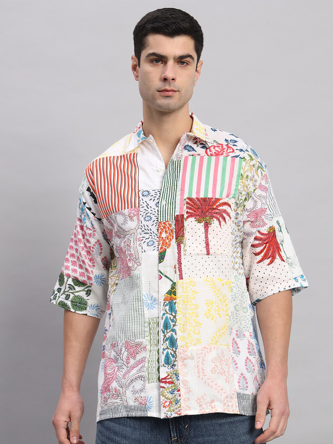 

HANDICRAFT PALACE Comfort Ethnic Motifs Printed Pure Cotton Oversized Shirt, White