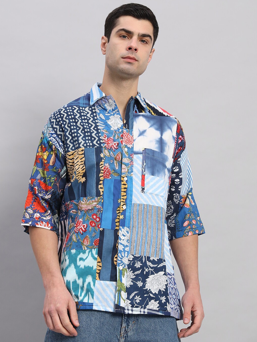 

HANDICRAFT PALACE Comfort Floral Printed Pure Cotton Oversized Shirt, Blue