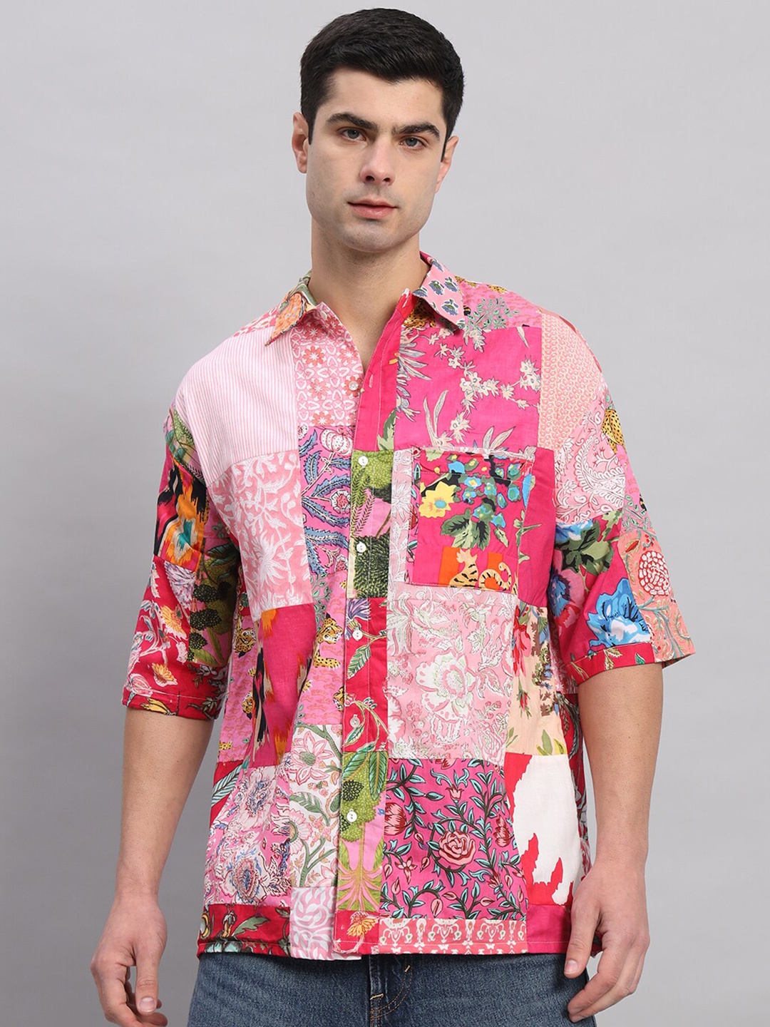 

HANDICRAFT PALACE Comfort Floral Printed Pure Cotton Oversized Shirt, Pink