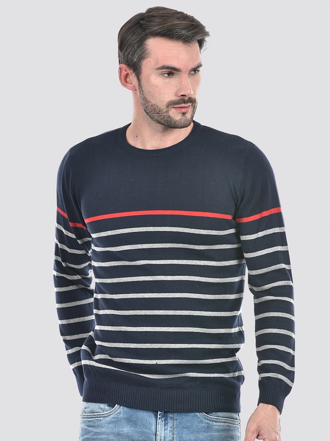 

Integriti Striped Pure Cotton Pullover, Navy blue