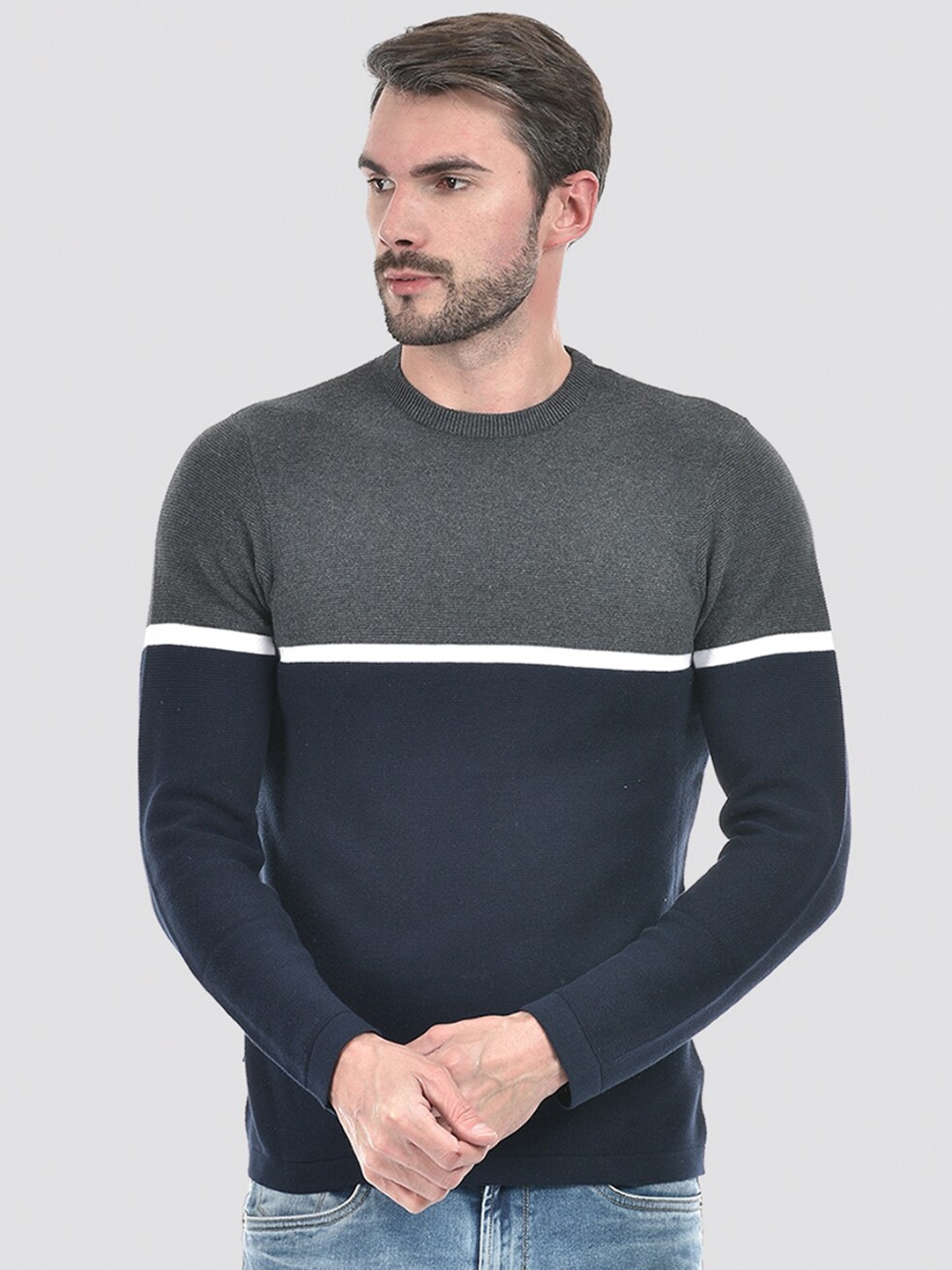 

Integriti Colourblocked Pure Cotton Pullover, Navy blue