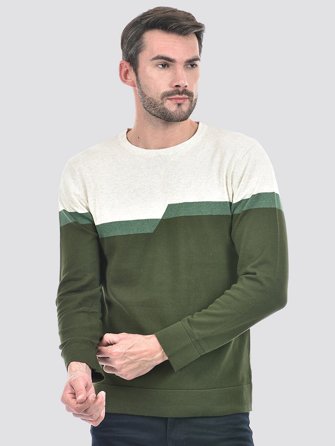 

Integriti Colourblocked Pure Cotton Pullover, Green
