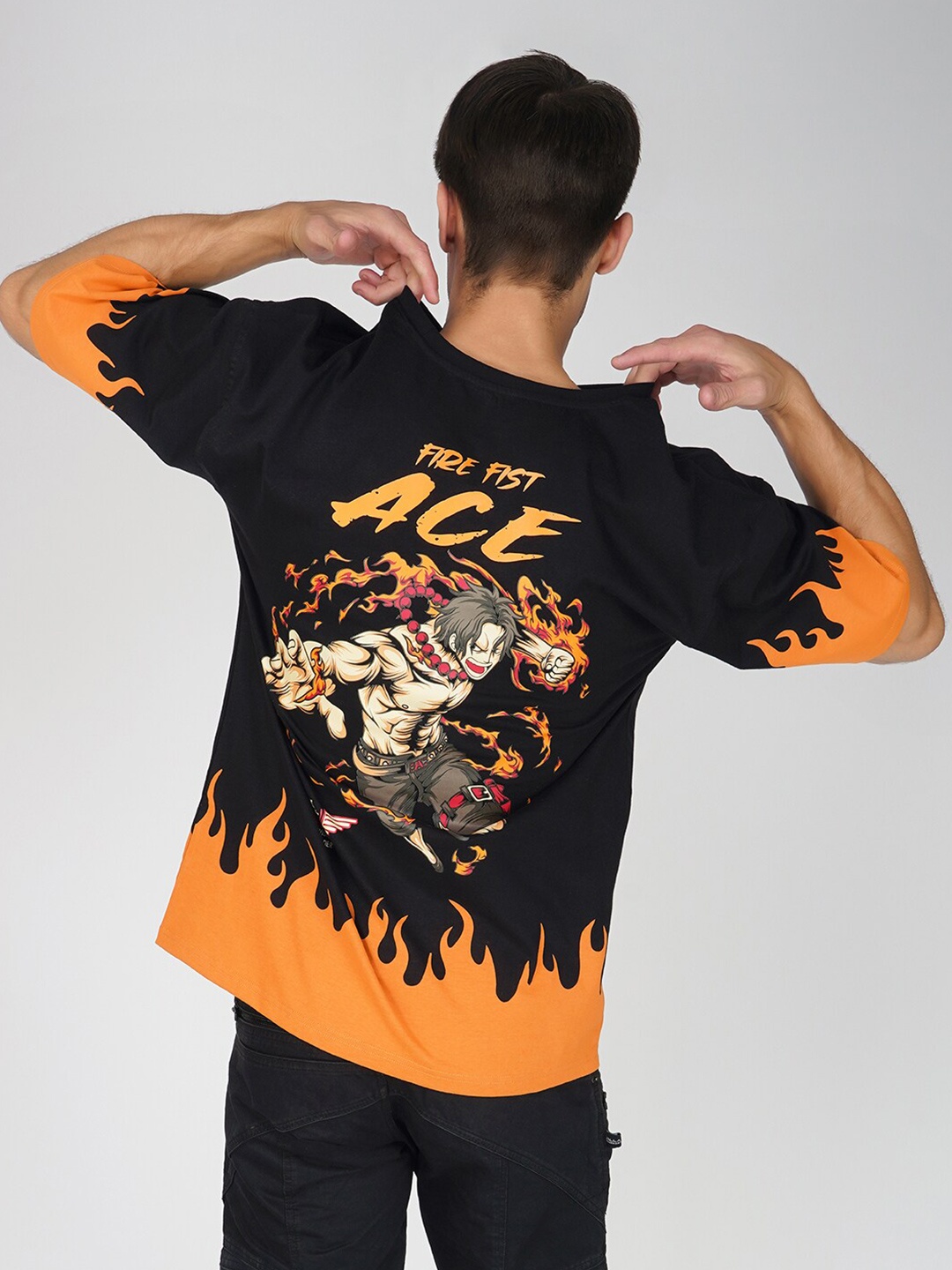 

Crazymonk One Piece Fire Fist Ace Drop-Shoulder Sleeves Anime Cotton Oversized T-Shirt, Black