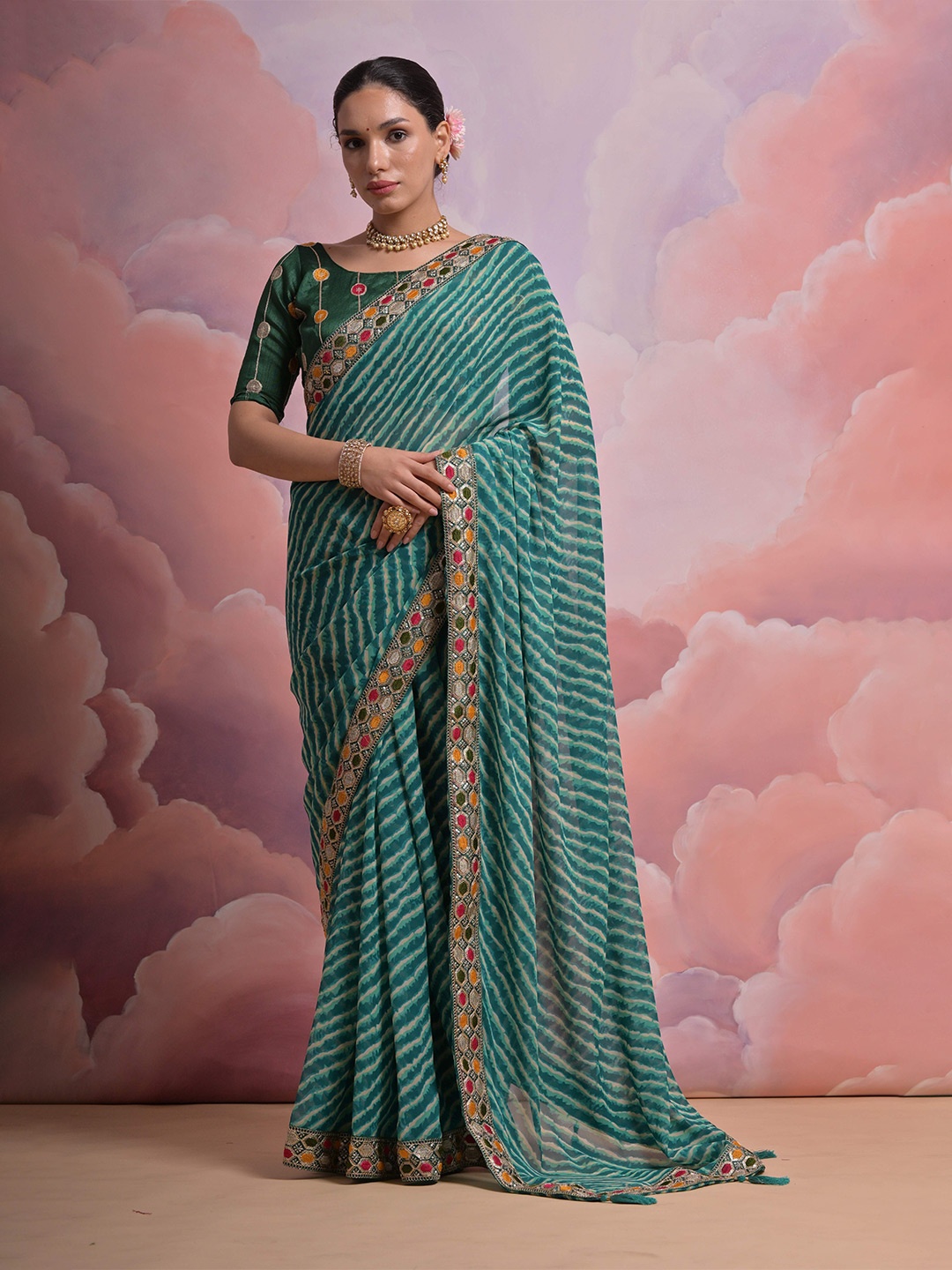 

Mitera Leheriya Embroidered Pure Georgette Saree, Green