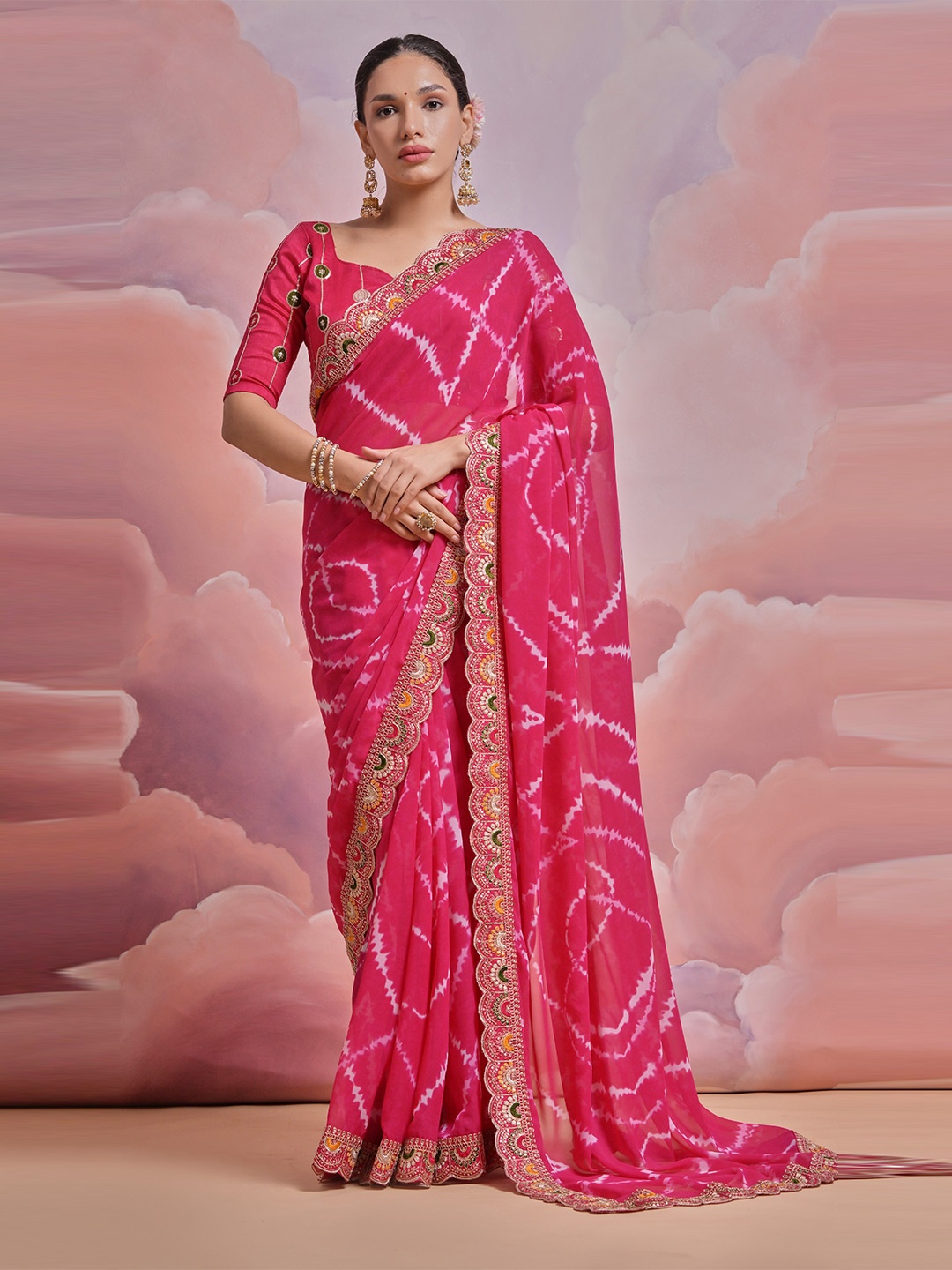 Mitera Tie and Dye Embroidered Pure Georgette Saree, Pink