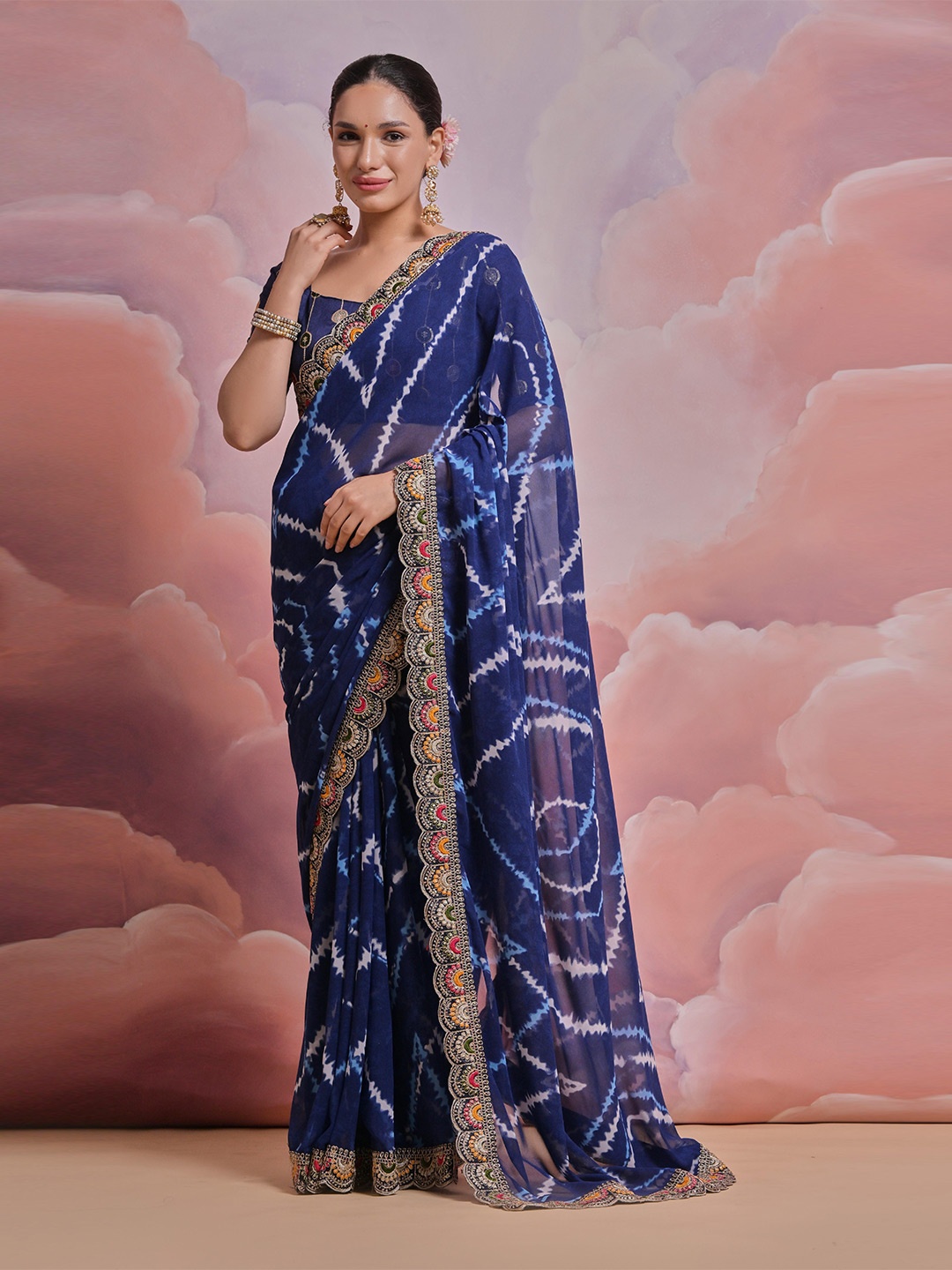 

Mitera Leheriya Embroidered Pure Georgette Saree, Blue