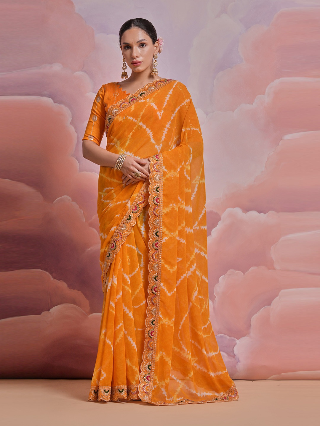 

Mitera Leheriya Embroidered Pure Georgette Saree, Yellow