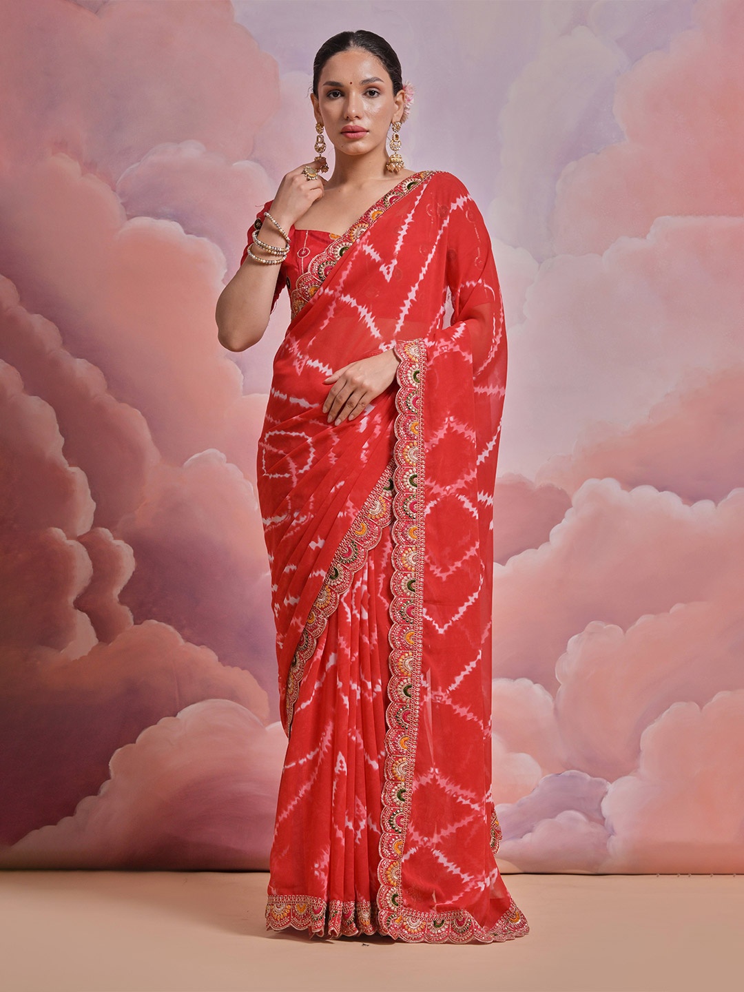 

Mitera Leheriya Embroidered Pure Georgette Saree, Red