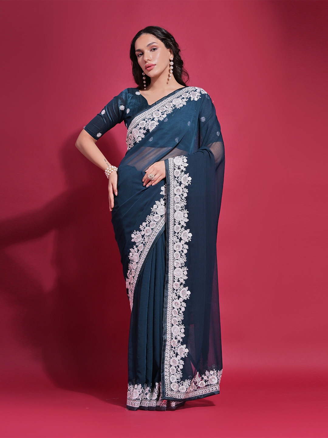 

Mitera Floral Embroidered Pure Georgette Saree, Teal