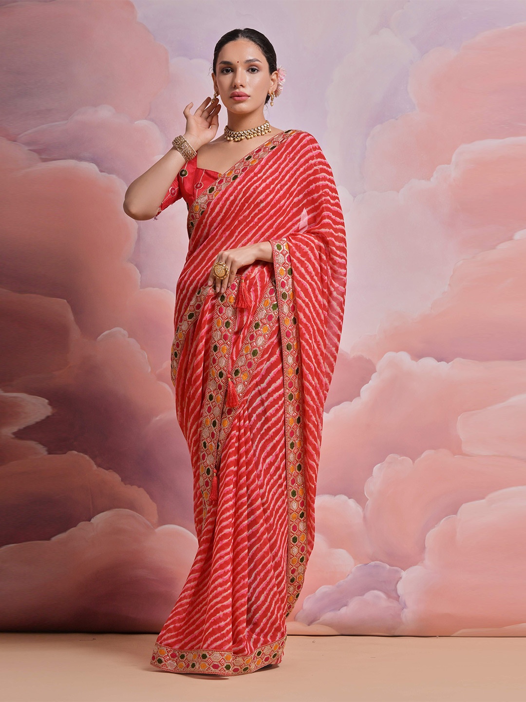 

Mitera Leheriya Embroidered Pure Georgette Saree, Red
