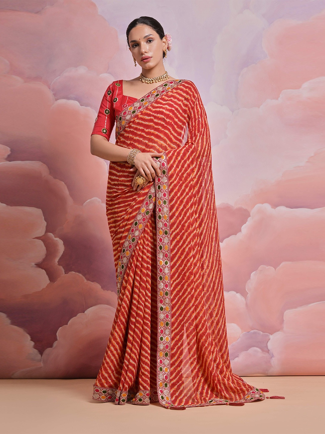 

Mitera Striped Embroidered Pure Georgette Saree, Maroon