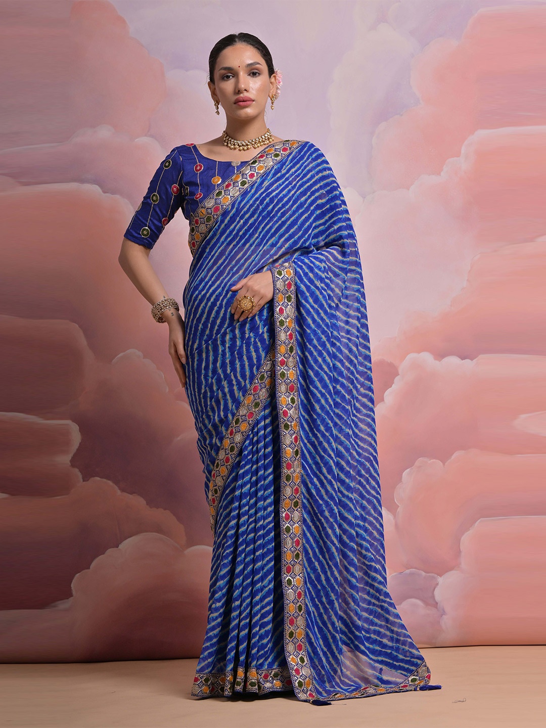 

Mitera Striped Embroidered Pure Georgette Saree, Blue