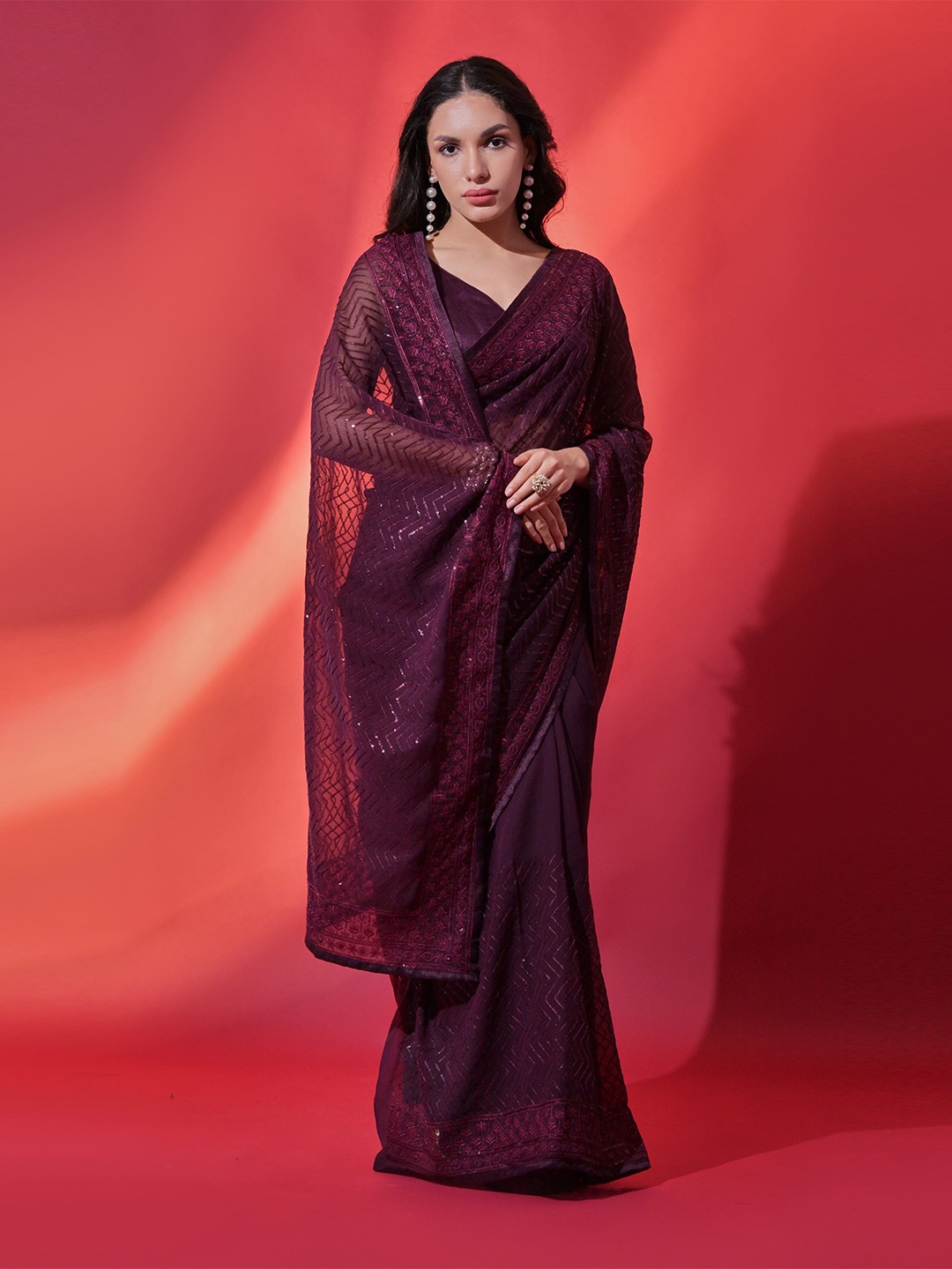 

Mitera Embellished Sequinned Pure Georgette Saree, Purple