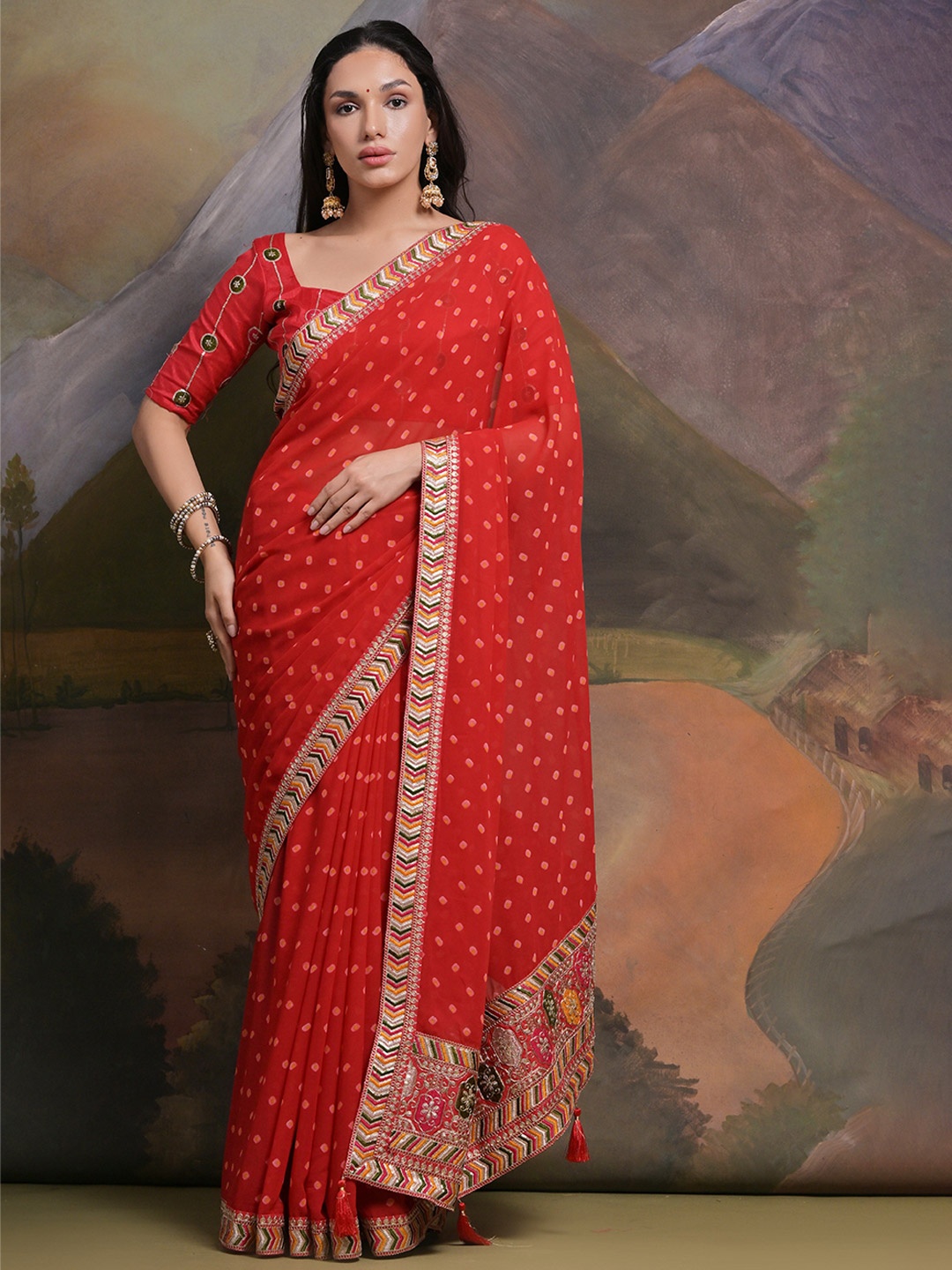 

Mitera Bandhani Embroidered Pure Georgette Saree, Red