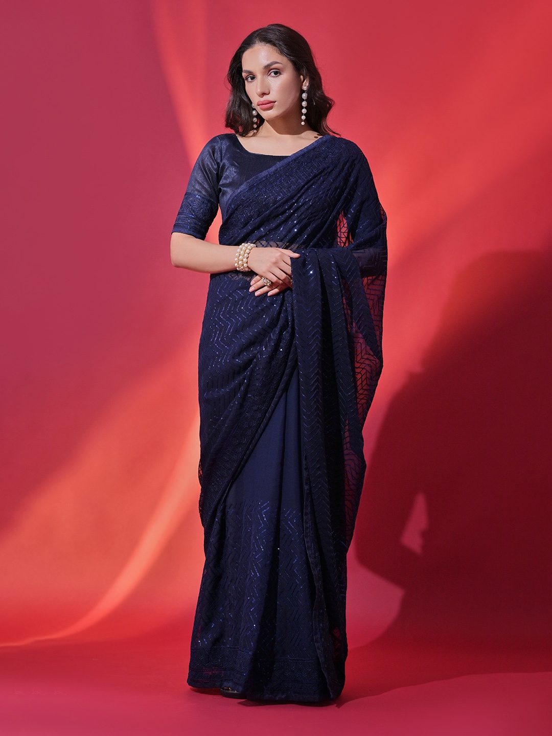 

Mitera Embellished Sequinned Pure Georgette Saree, Teal