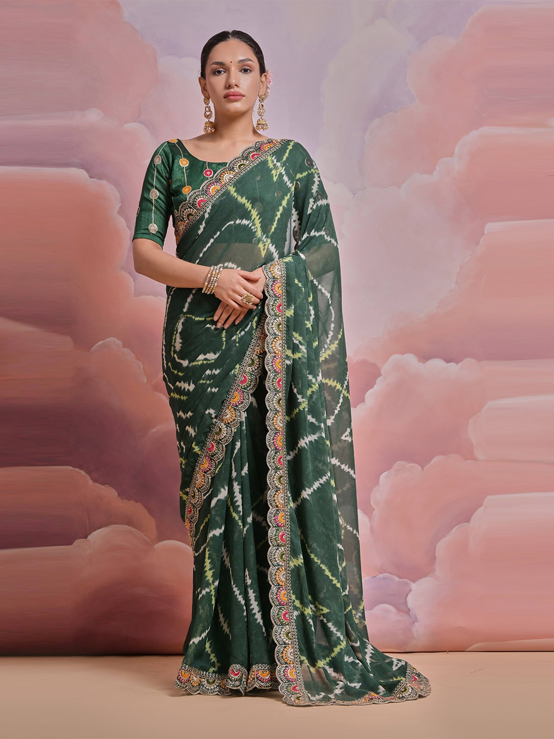 

Mitera Leheriya Embroidered Pure Georgette Saree, Green