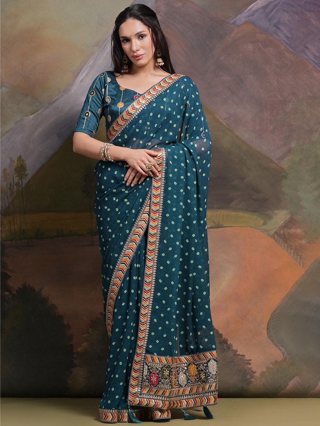 

Mitera Bandhani Embroidered Pure Georgette Saree, Teal