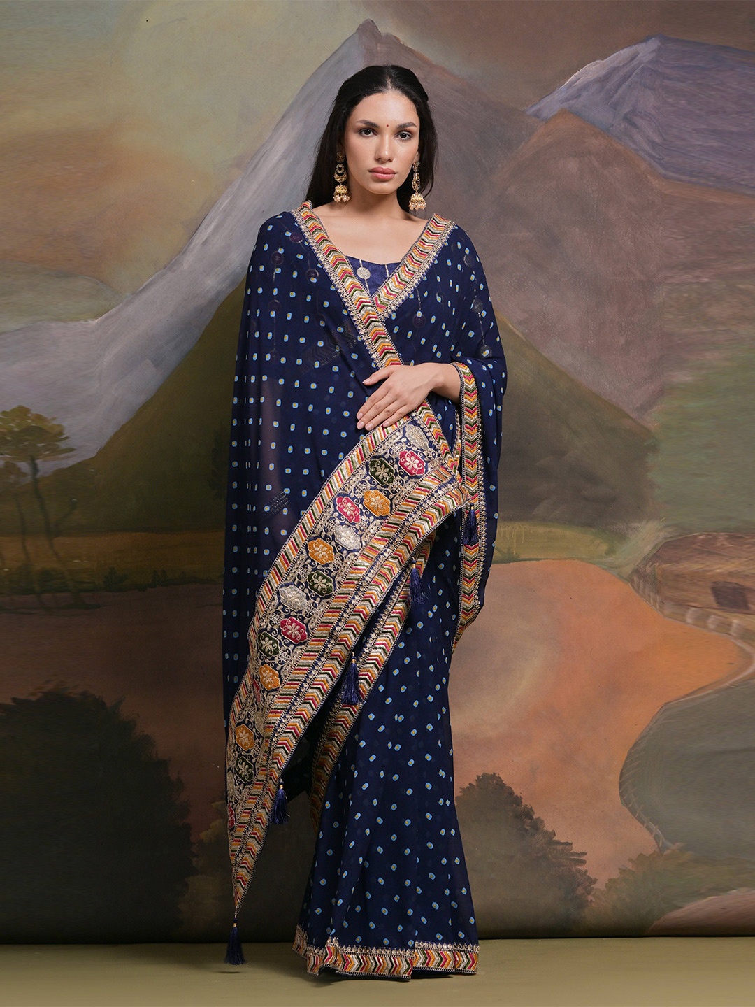 

Mitera Bandhani Embroidered Pure Georgette Saree, Blue