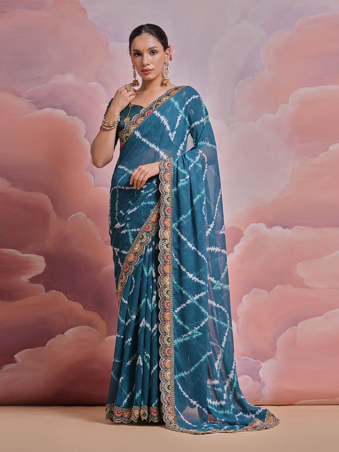 

Mitera Leheriya Embroidered Pure Georgette Saree, Teal