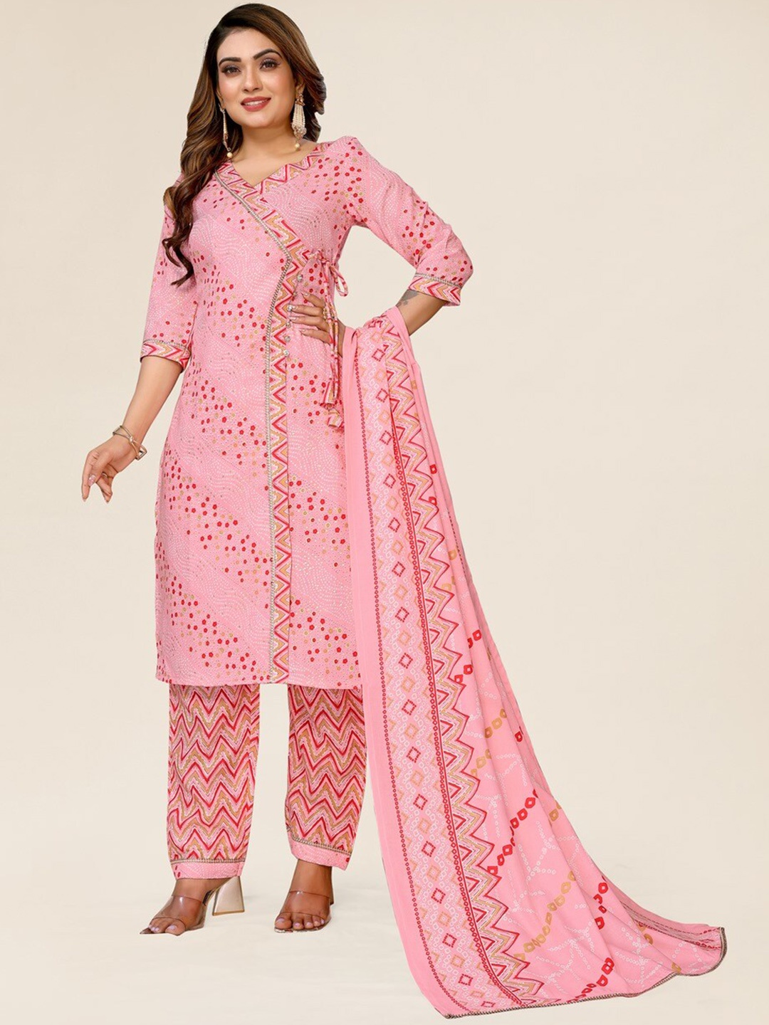 

TITANIUM SILK INDUSTRIES PVT. LTD. Bandhani Printed Angrakha Kurta With Trousers & Dupatta, Pink