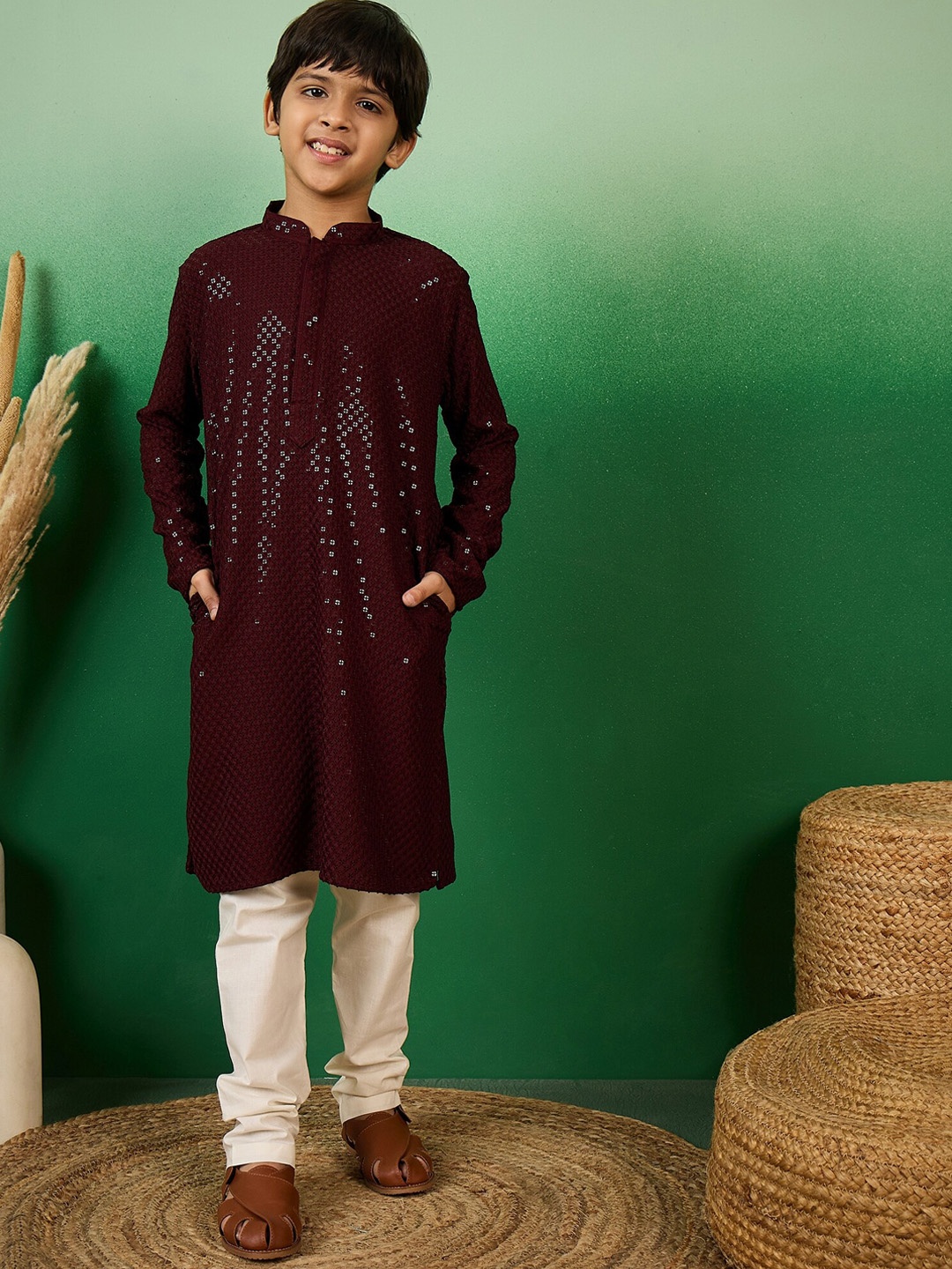 

Sangria Boys Sequence Embroidered Cotton Mandarin Collar Chikankari Kurta, Red