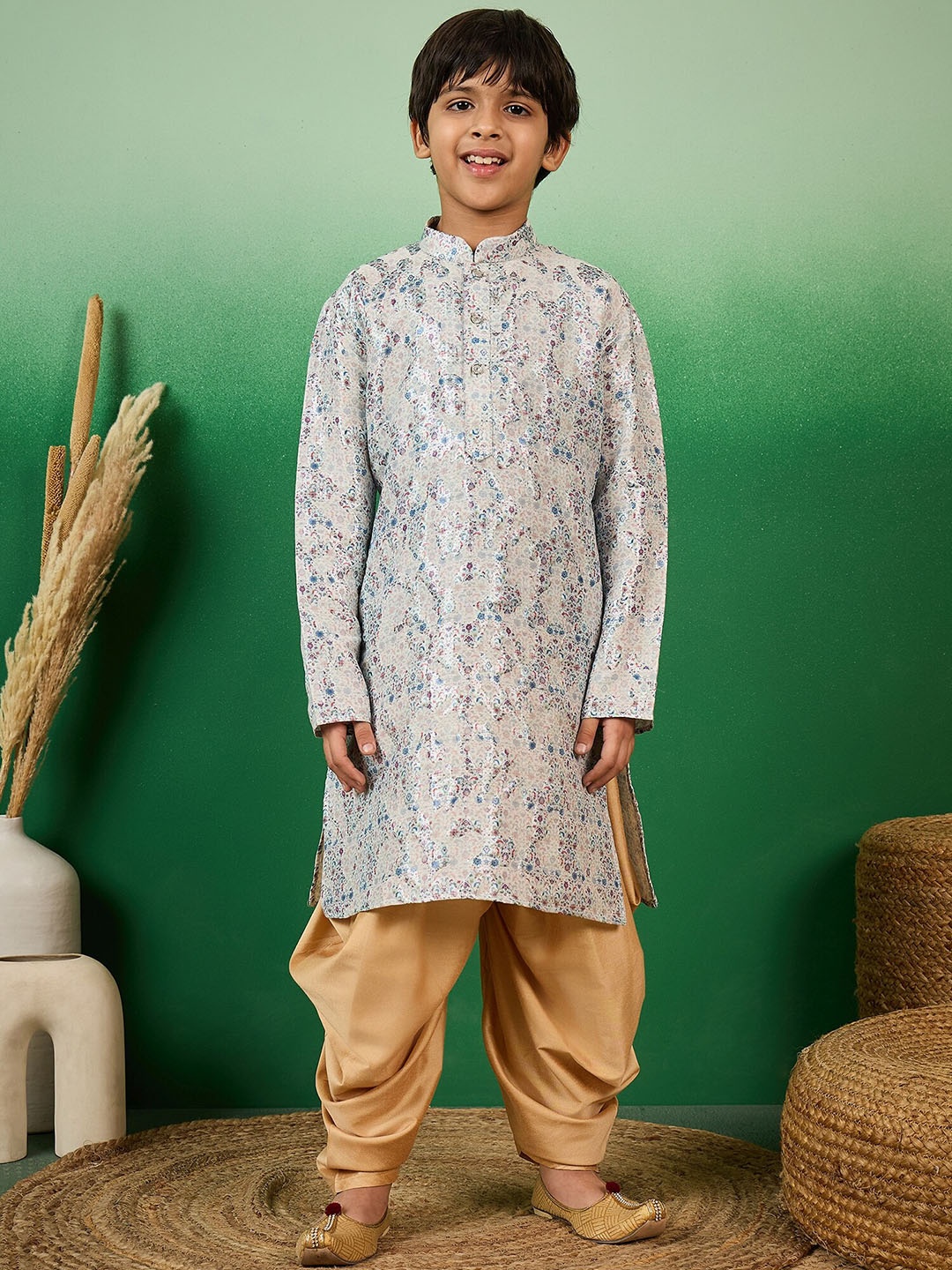 

Sangria Boys Floral Printed Silk Mandarin Collar Kurta, Blue