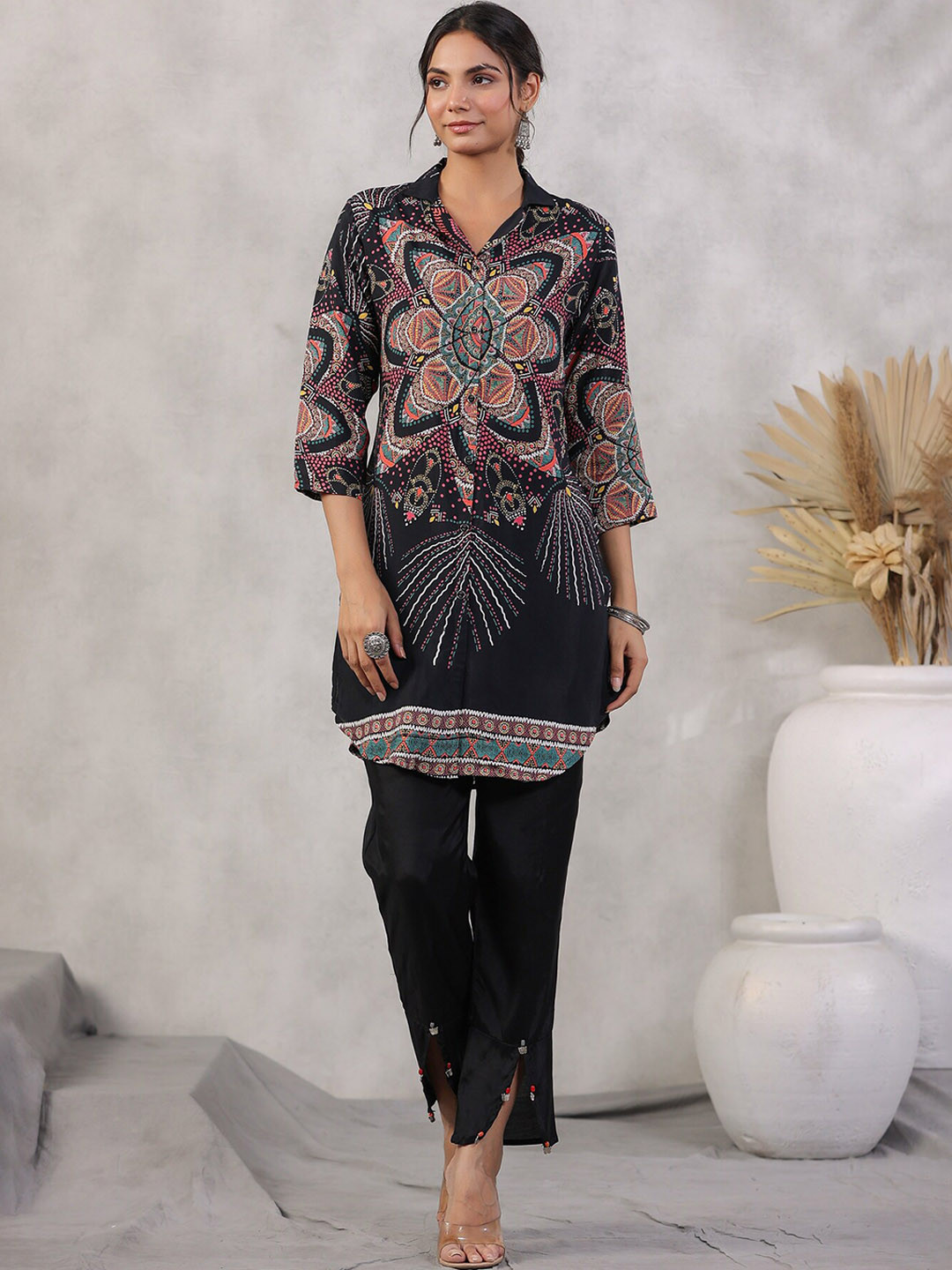 

JISORA Printed Pure Cotton Tunic & Trouser, Black