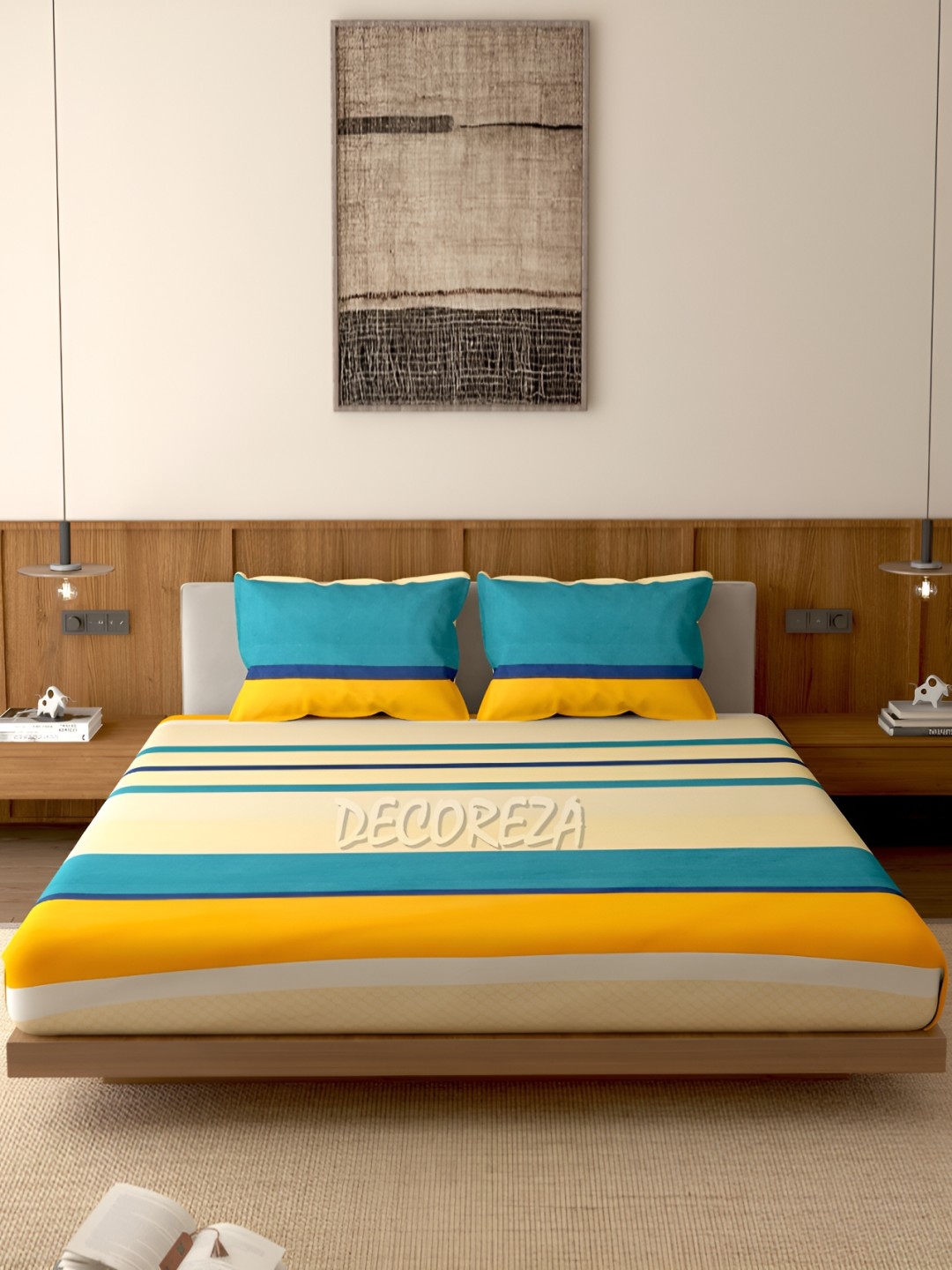

DECOREZA Yellow Striped 300 TC Cotton Fitted Queen Bedsheet with 2 Pillow Covers