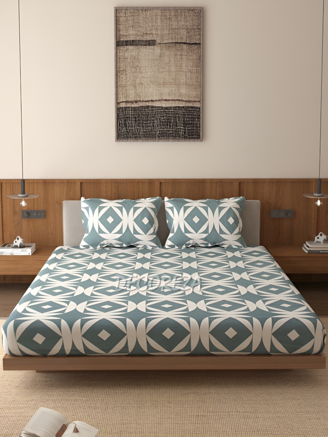 

DECOREZA Blue 300 TC Cotton Fitted Queen Bedsheet with 2 Pillow Covers