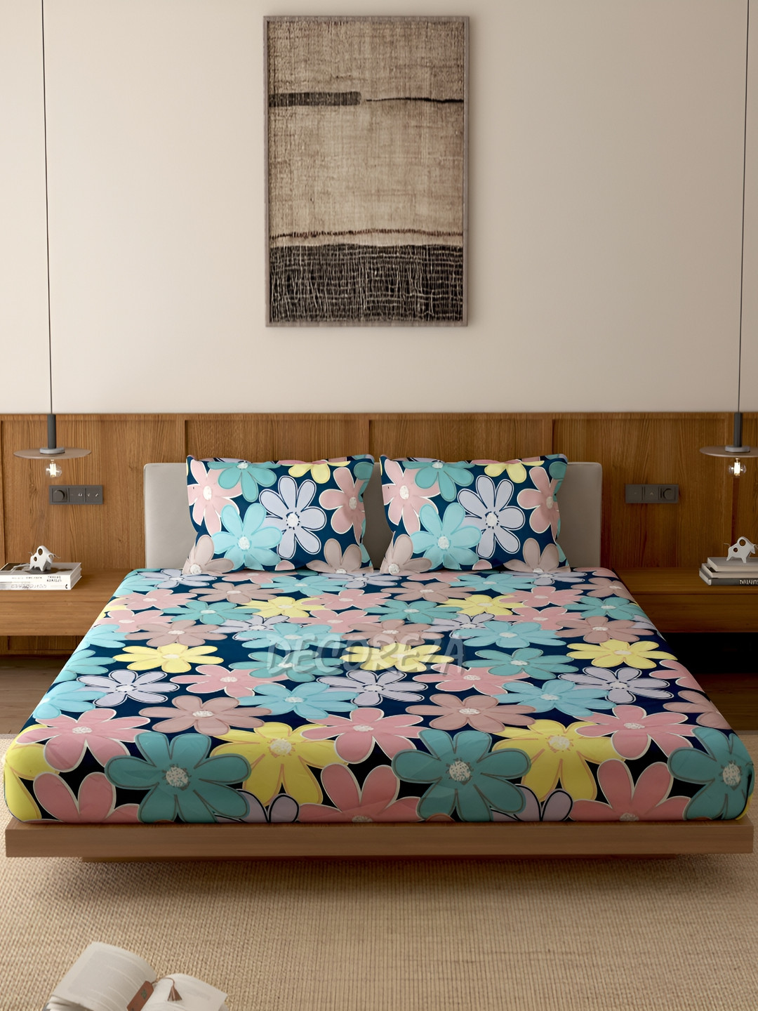 

DECOREZA Blue Floral 300 TC Cotton Fitted Queen Bedsheet with 2 Pillow Covers