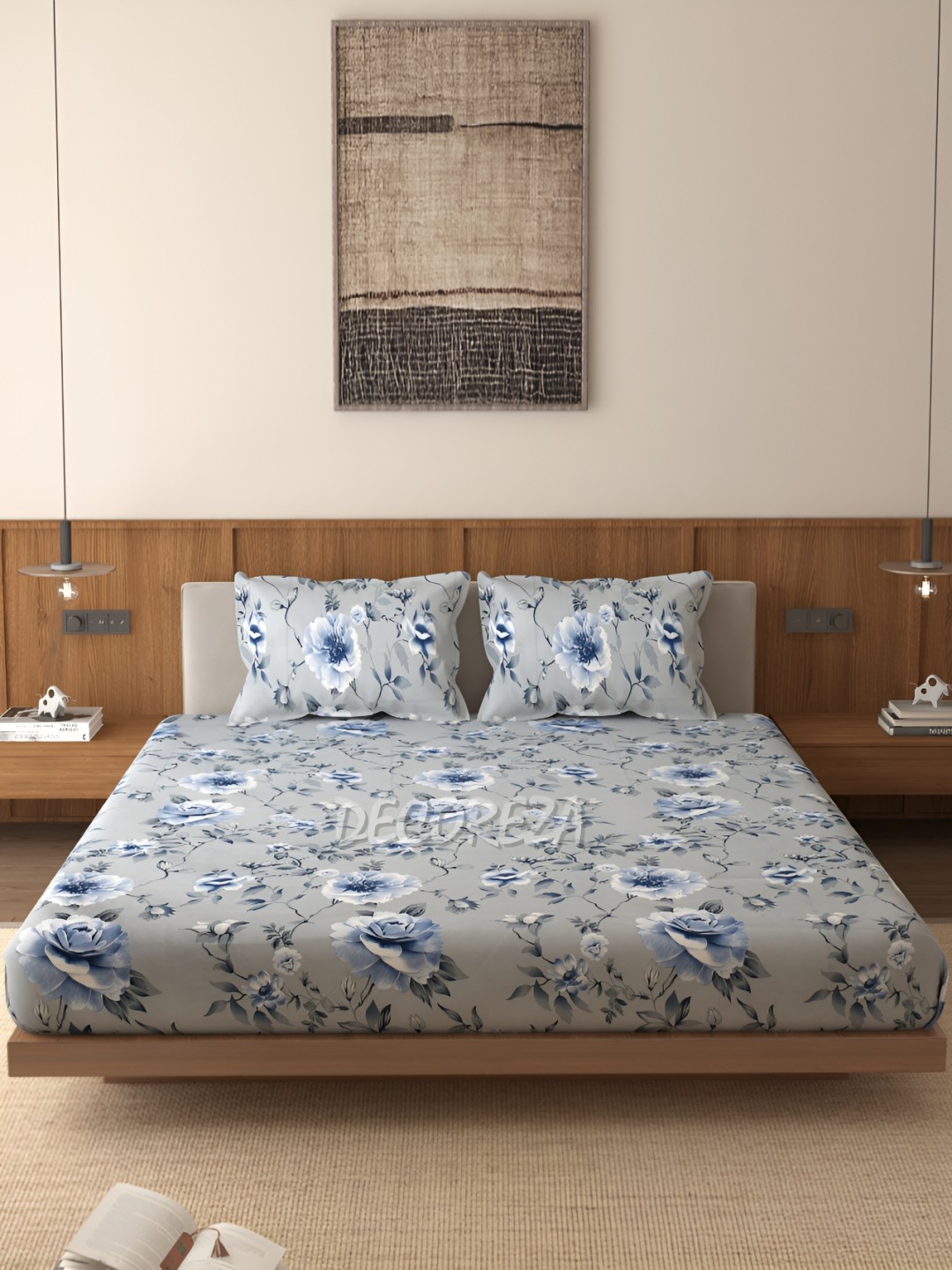 

DECOREZA Grey Floral 300 TC Cotton Fitted Queen Bedsheet with 2 Pillow Covers