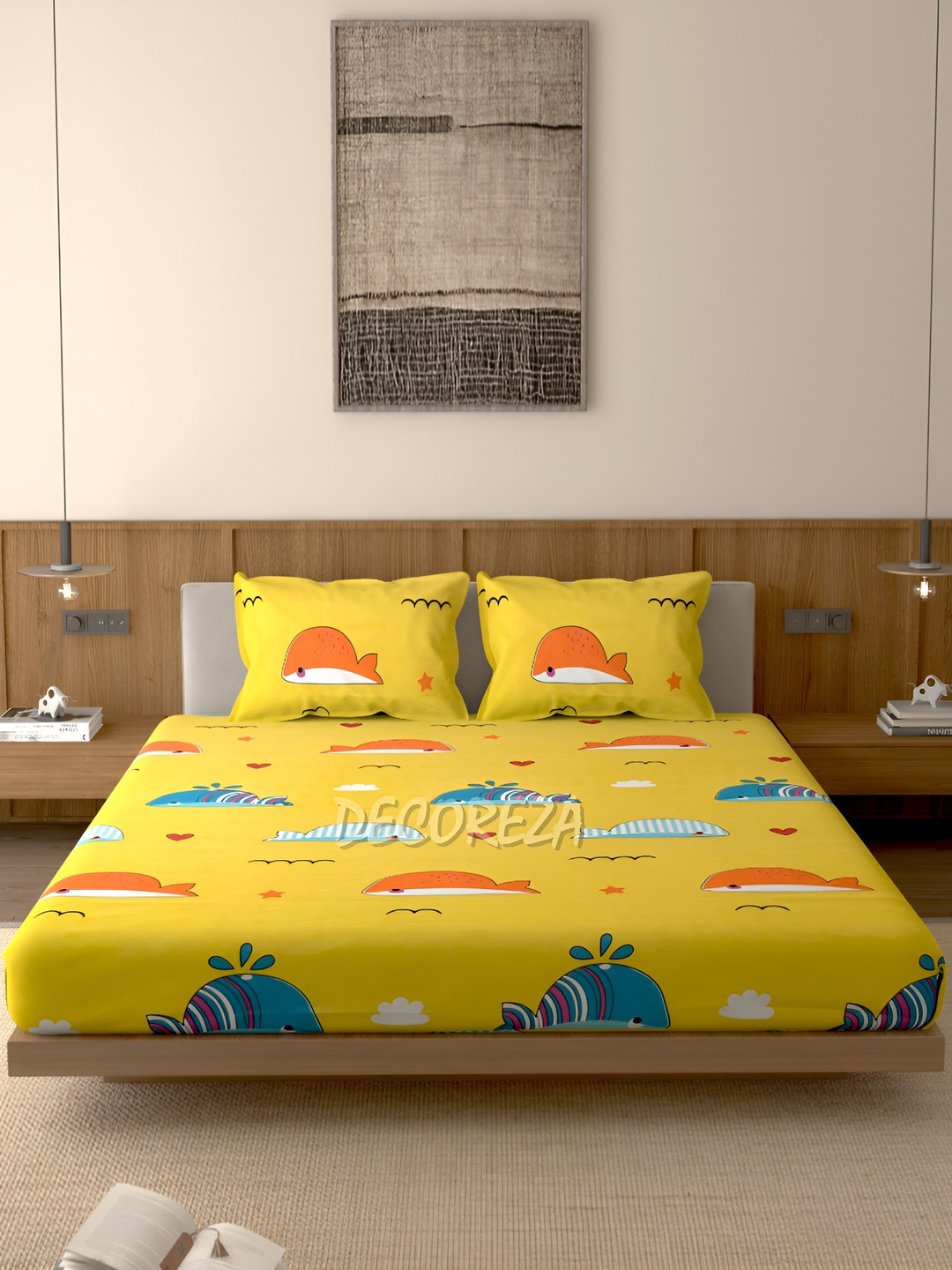 

DECOREZA Yellow Cartoon Characters 300 TC Cotton Queen Bedsheet with 2 Pillow Covers
