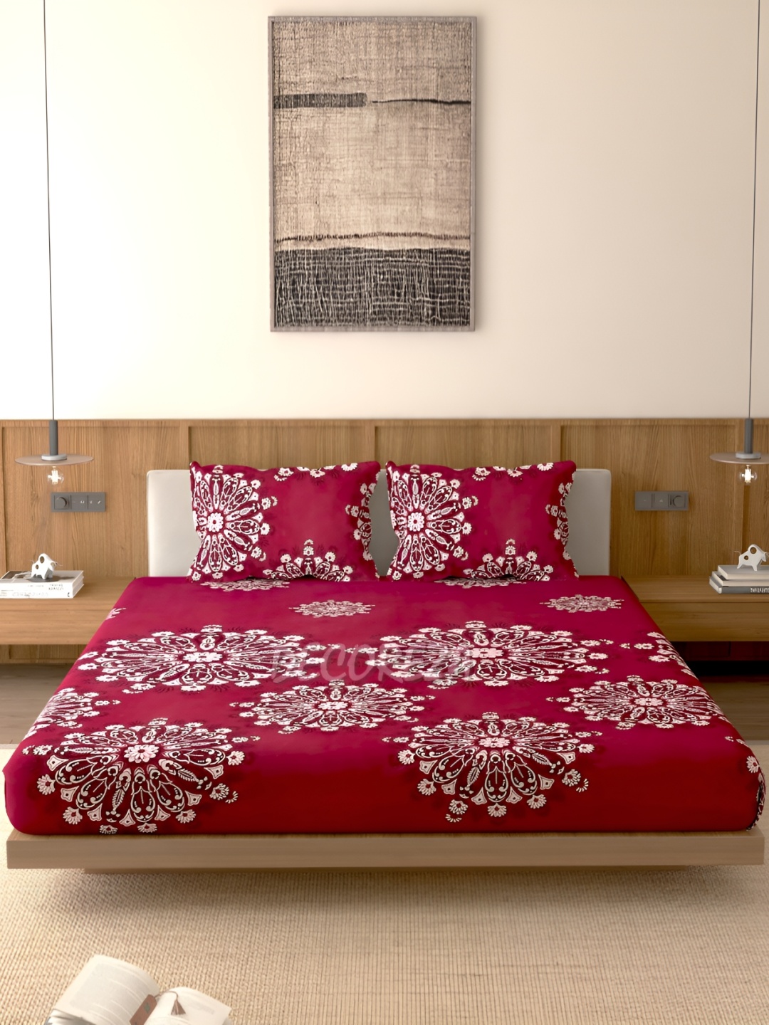 

DECOREZA Maroon Floral 300 TC Cotton Fitted Queen Bedsheet with 2 Pillow Covers