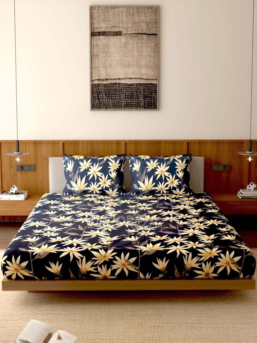 

DECOREZA Black and Yellow Floral 300 TC Cotton Queen Bedsheet with 2 Pillow Covers