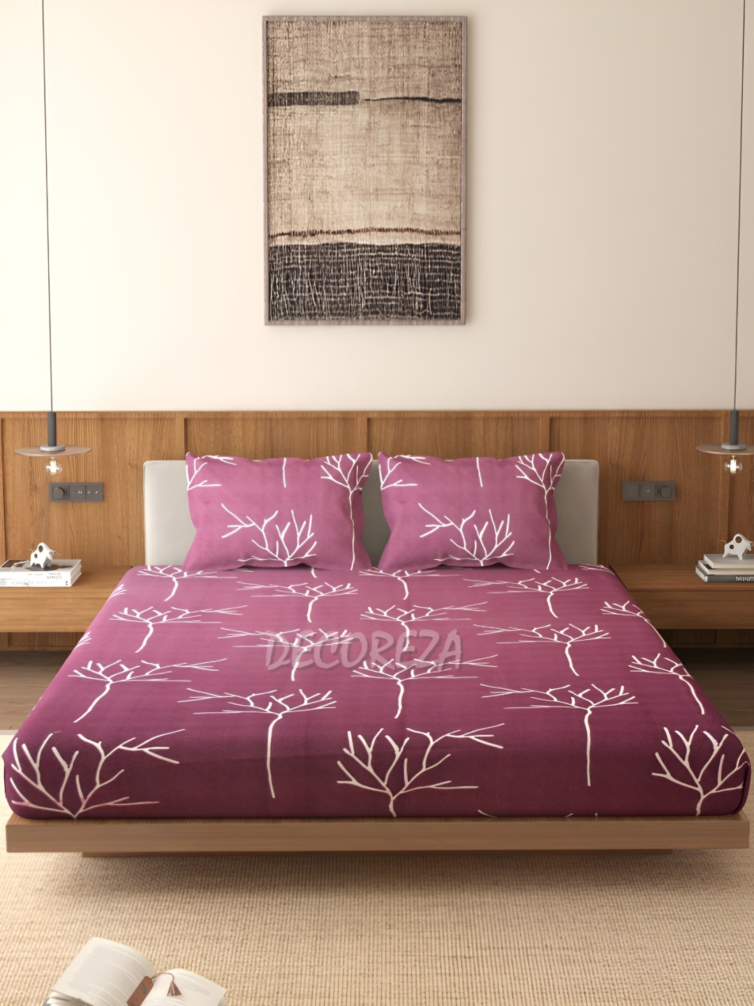DECOREZA Maroon Floral 300 TC Cotton Fitted Queen Bedsheet with 2 Pillow Covers