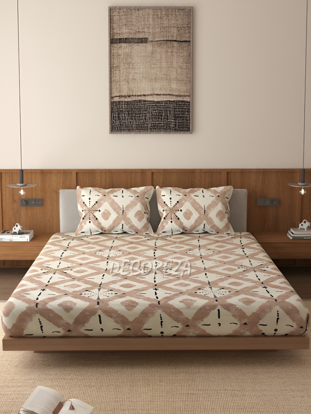 

DECOREZA Beige and White 300 TC Cotton Queen Bedsheet with 2 Pillow Covers