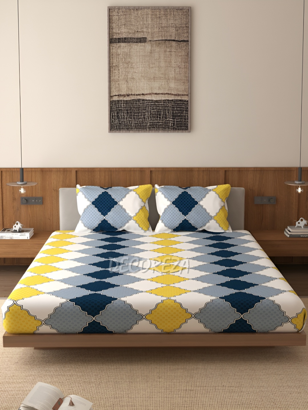 

DECOREZA White 300 TC Cotton Fitted Queen Bedsheet with 2 Pillow Covers