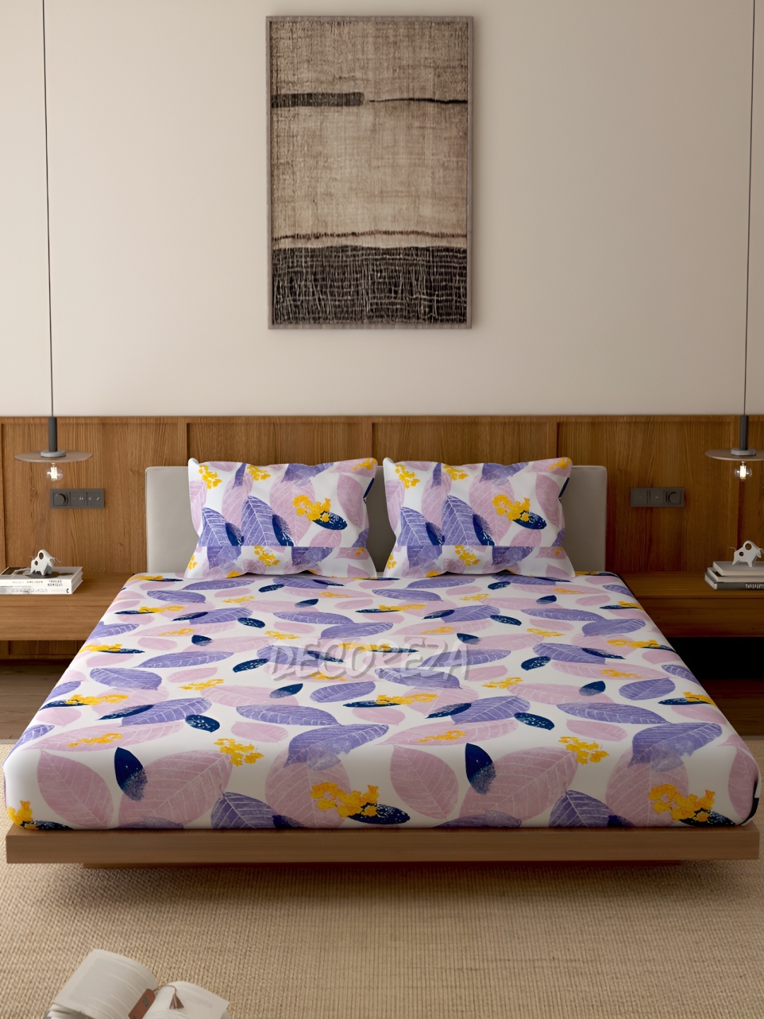 

DECOREZA Purple Floral 300 TC Cotton Fitted Queen Bedsheet with 2 Pillow Covers