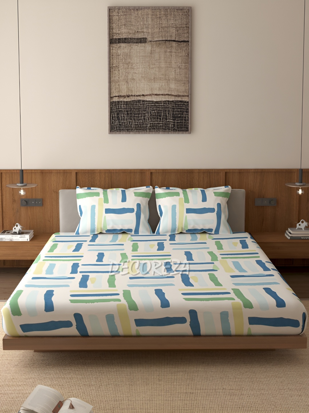 

DECOREZA Blue Graphic 300 TC Cotton Fitted Queen Bedsheet with 2 Pillow Covers