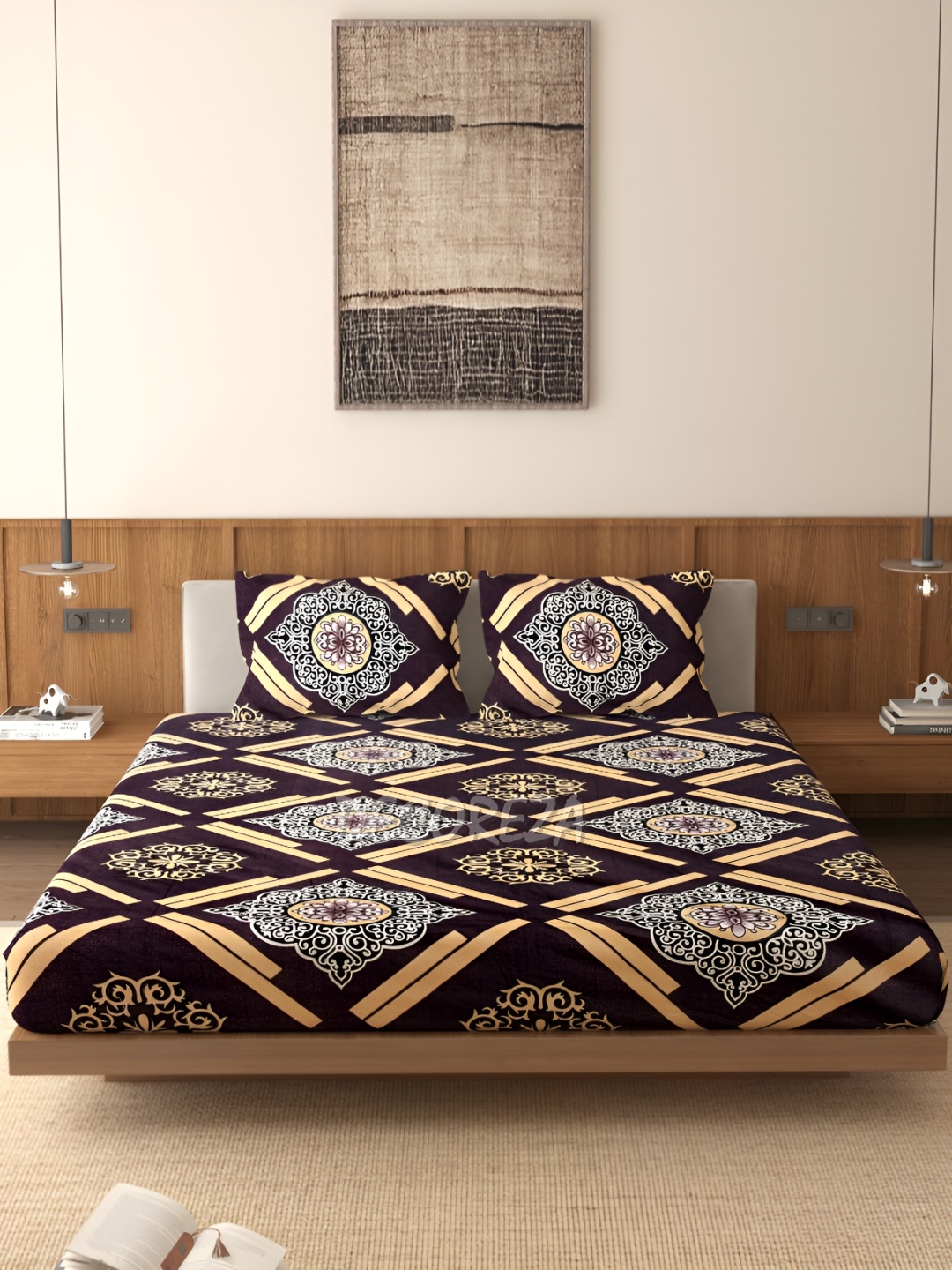 

DECOREZA Brown Graphic 300 TC Cotton Fitted Queen Bedsheet with 2 Pillow Covers