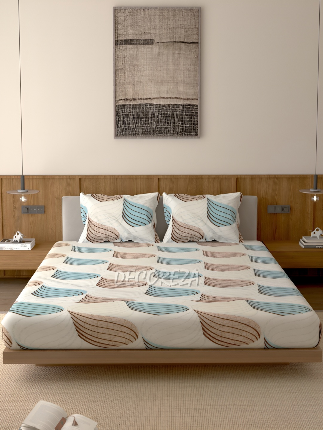 DECOREZA Beige and Green 300 TC Cotton Queen Bedsheet with 2 Pillow Covers