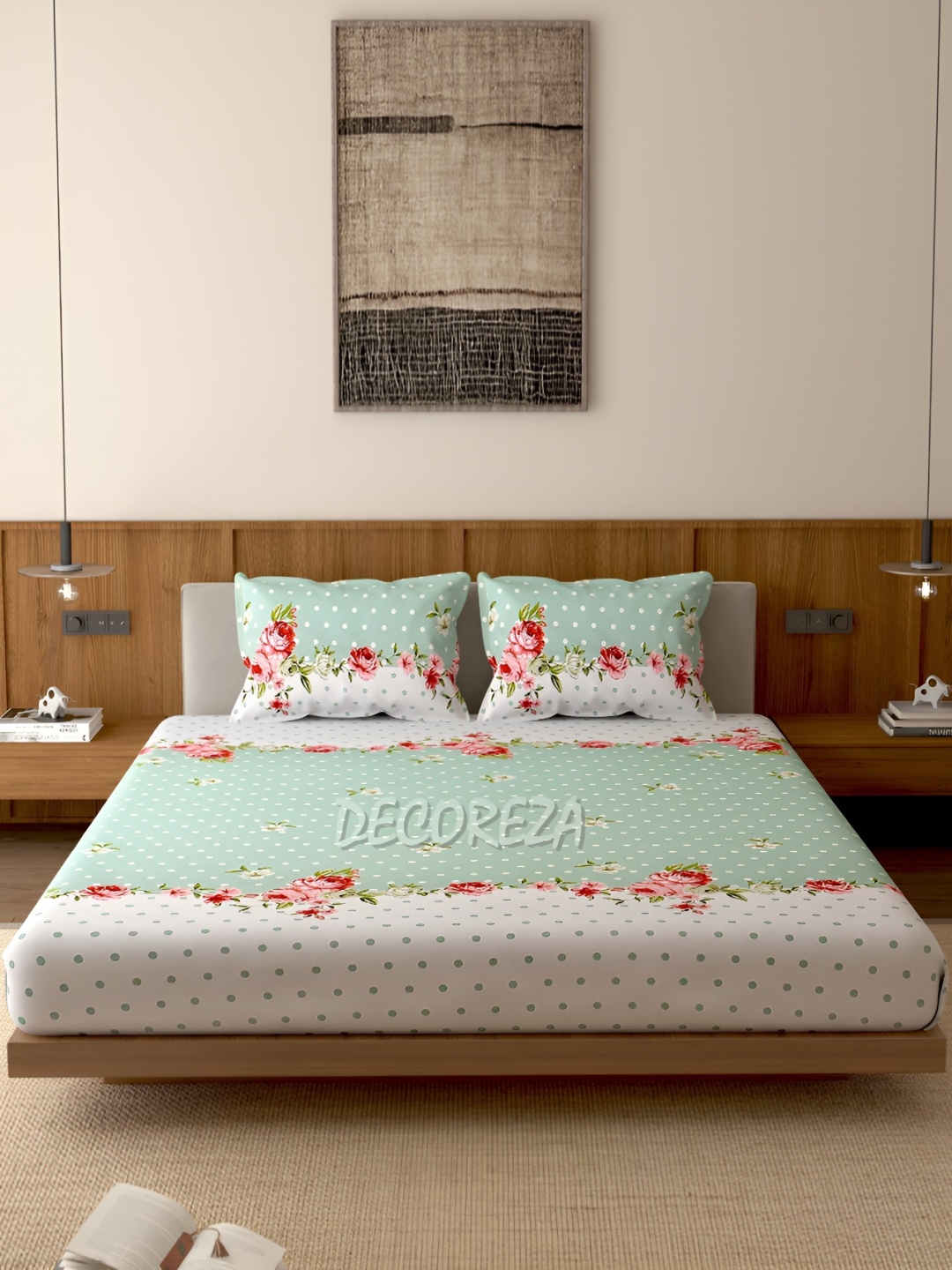 

DECOREZA Green and White Floral 300 TC Cotton Queen Bedsheet with 2 Pillow Covers