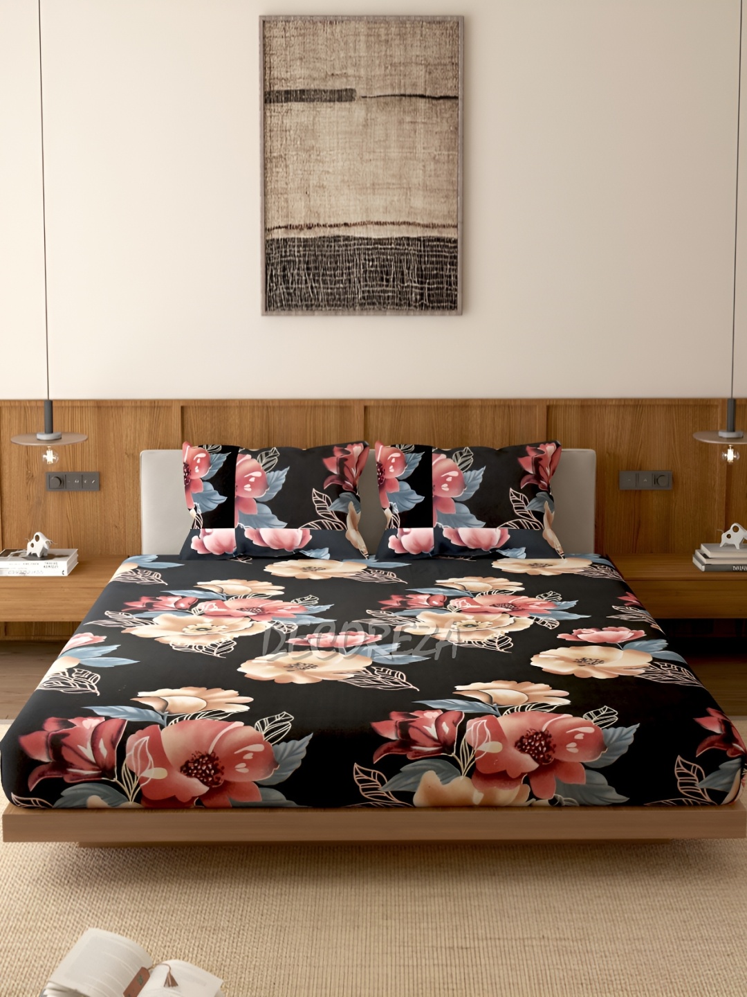 

DECOREZA Black and Blue Floral 300 TC Cotton Queen Bedsheet with 2 Pillow Covers
