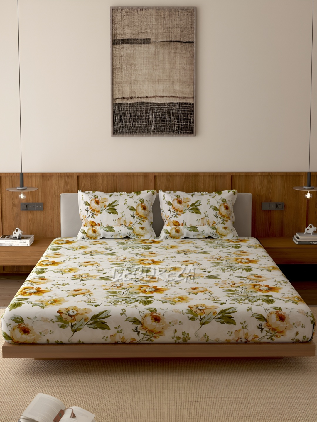 

DECOREZA Gold-Toned Floral 300 TC Cotton Fitted Queen Bedsheet with 2 Pillow Covers