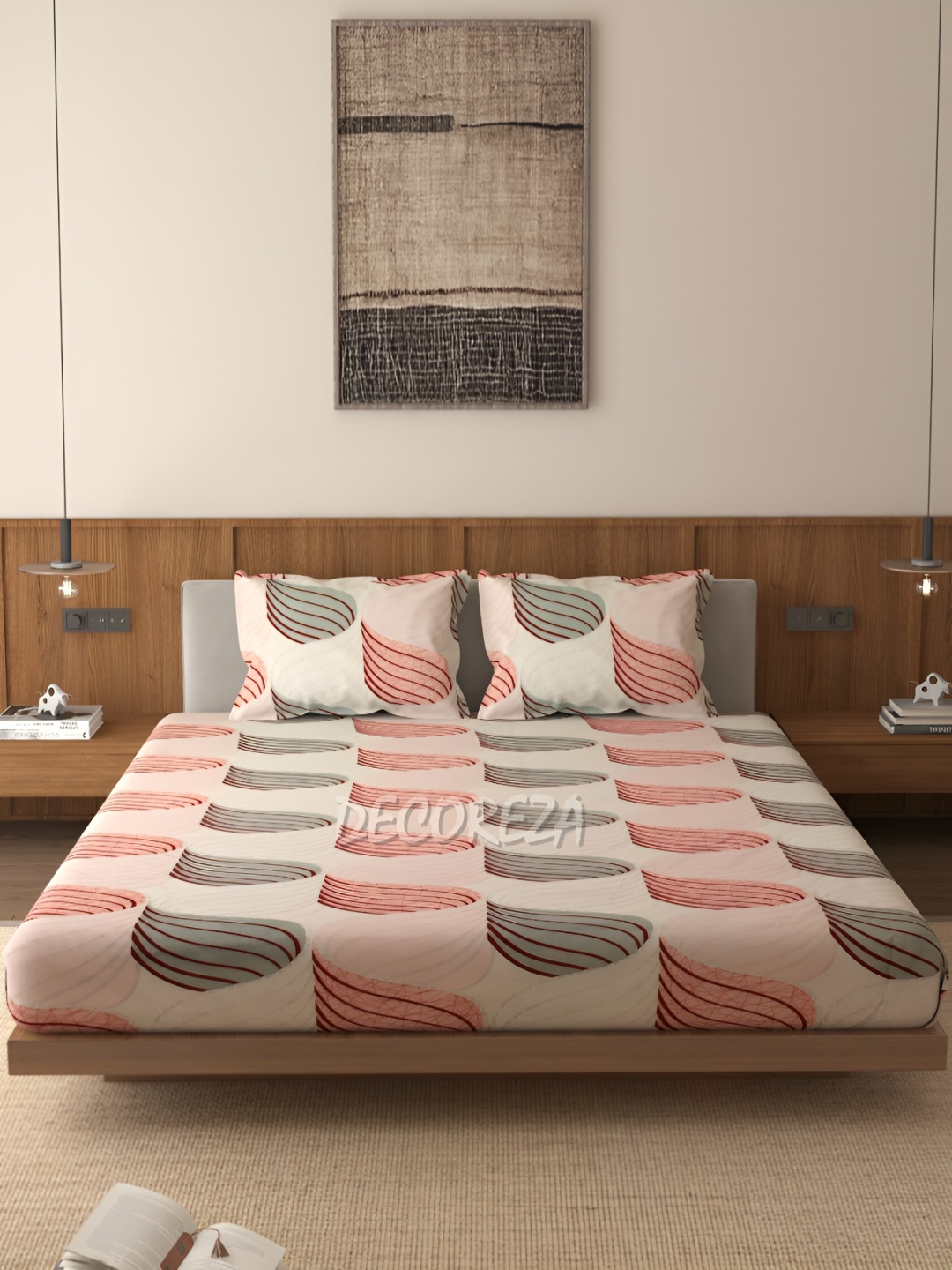 

DECOREZA Pink and Beige 300 TC Cotton Queen Bedsheet with 2 Pillow Covers